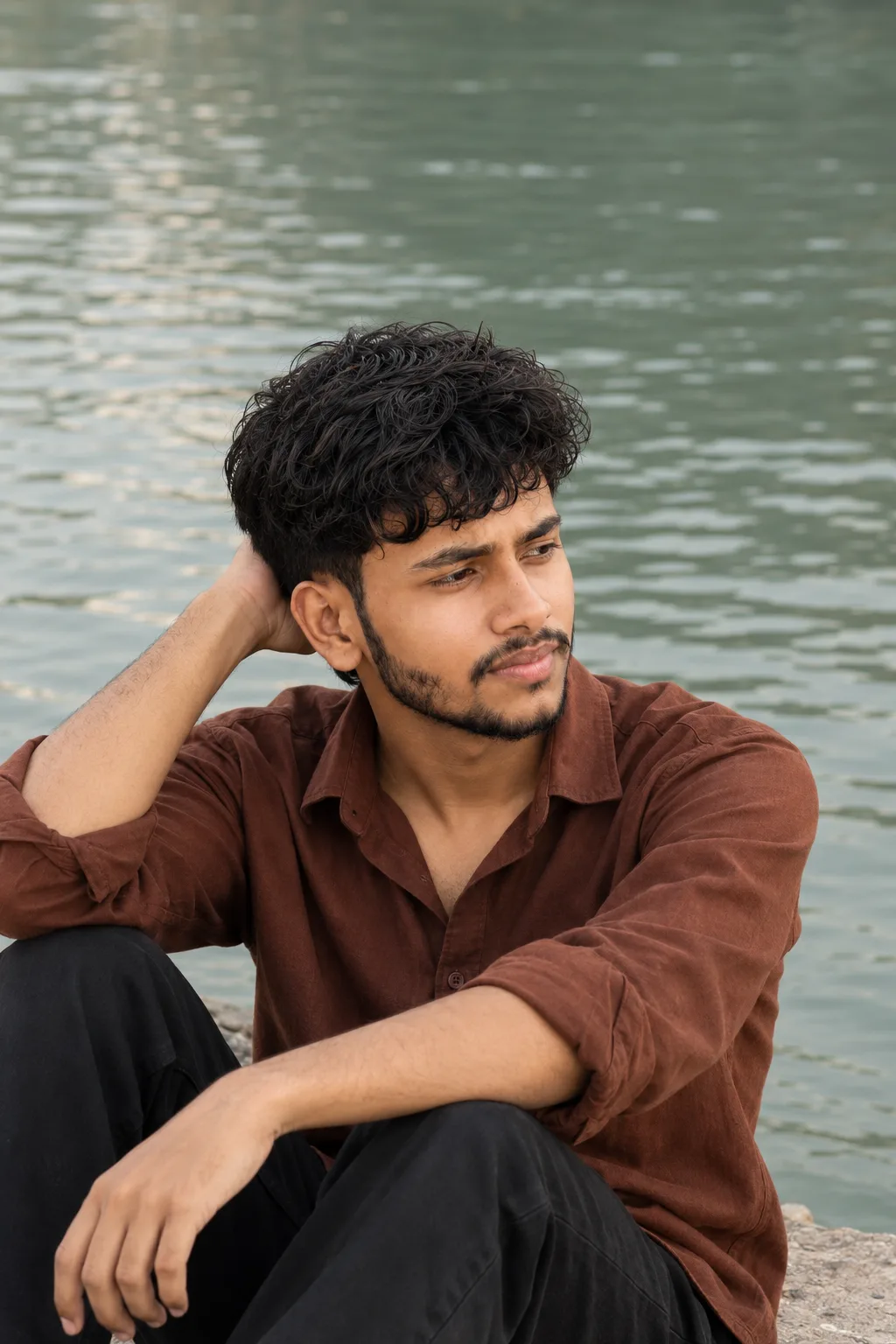 Ultra-realistic professional DSLR photograph of a young man seated beside a calm body of water, captured in a natural candid editorial
