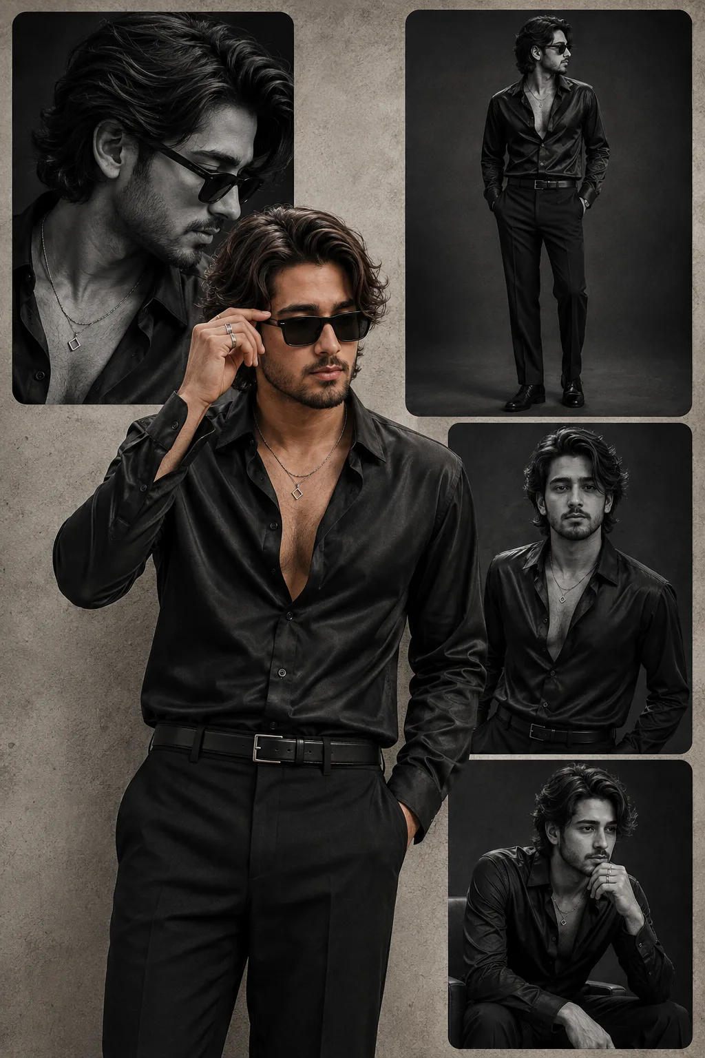 A highly cinematic, photorealistic **luxury fashion collage** featuring the same handsome young adult man in multiple editorial portraits.