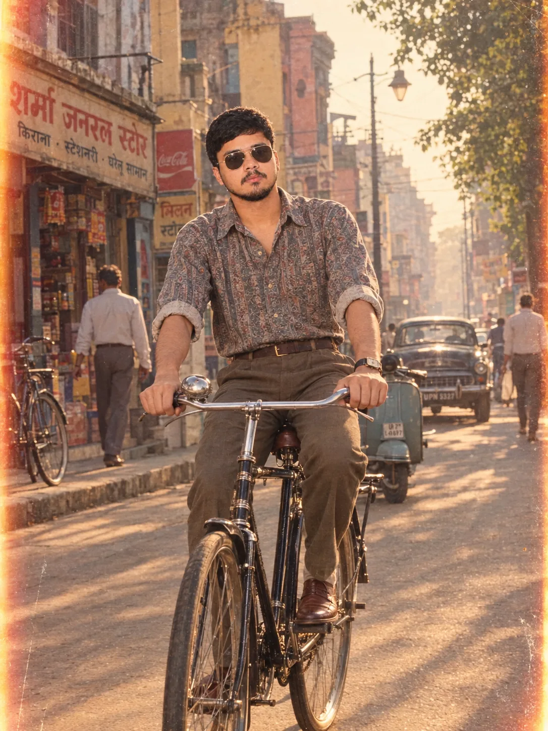 Photorealistic cinematic 1980s Indian street scene featuring a young person riding a classic vintage bicycle through a quiet old