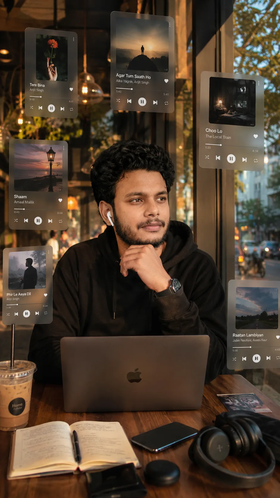 Create a highly realistic, cinematic close-up portrait of a young South Asian couple standing very close together at night.