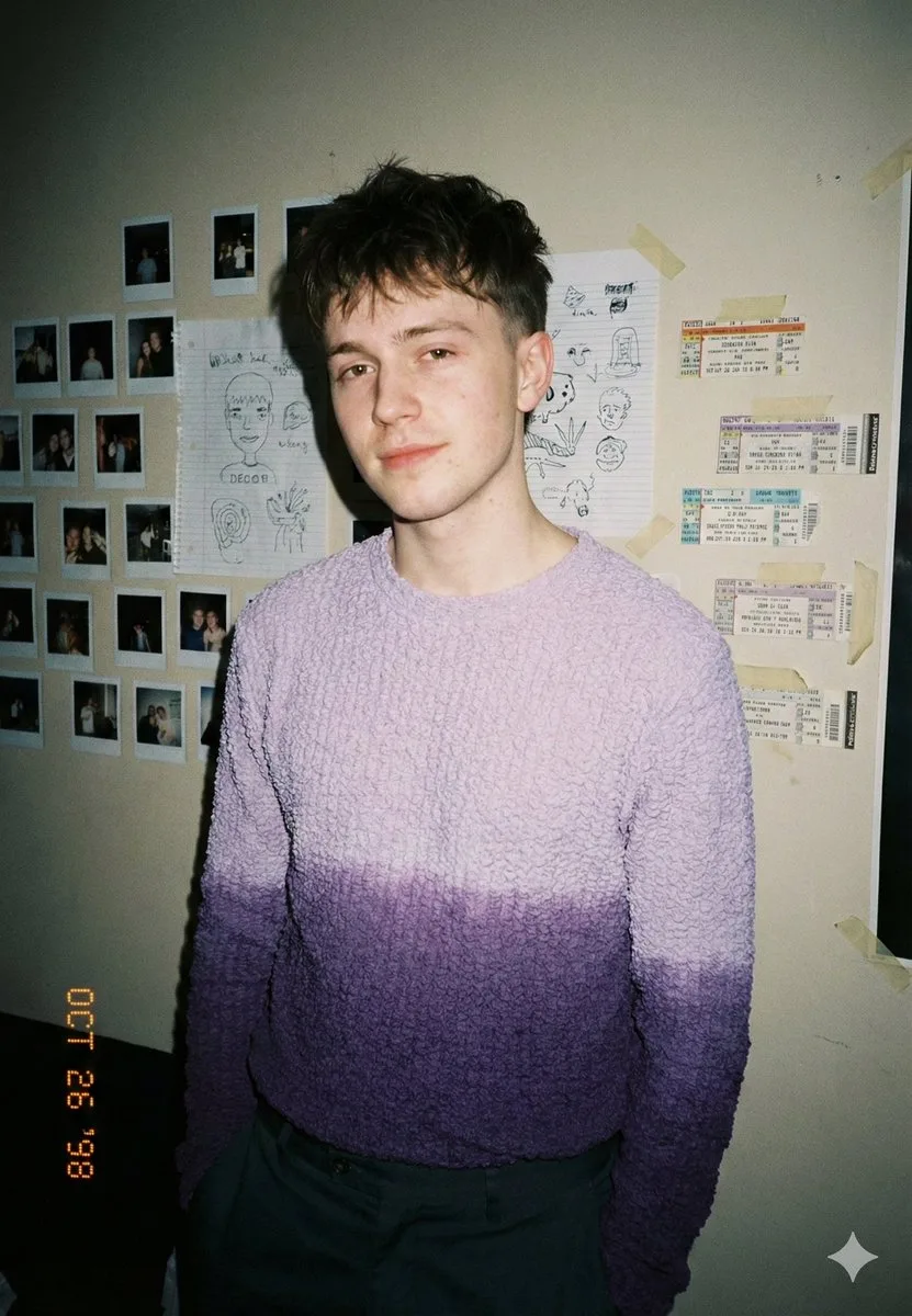 { "scene": "An intimate indoor portrait taken in a personal bedroom or studio space, walls covered with taped photos, sketches, and ticket