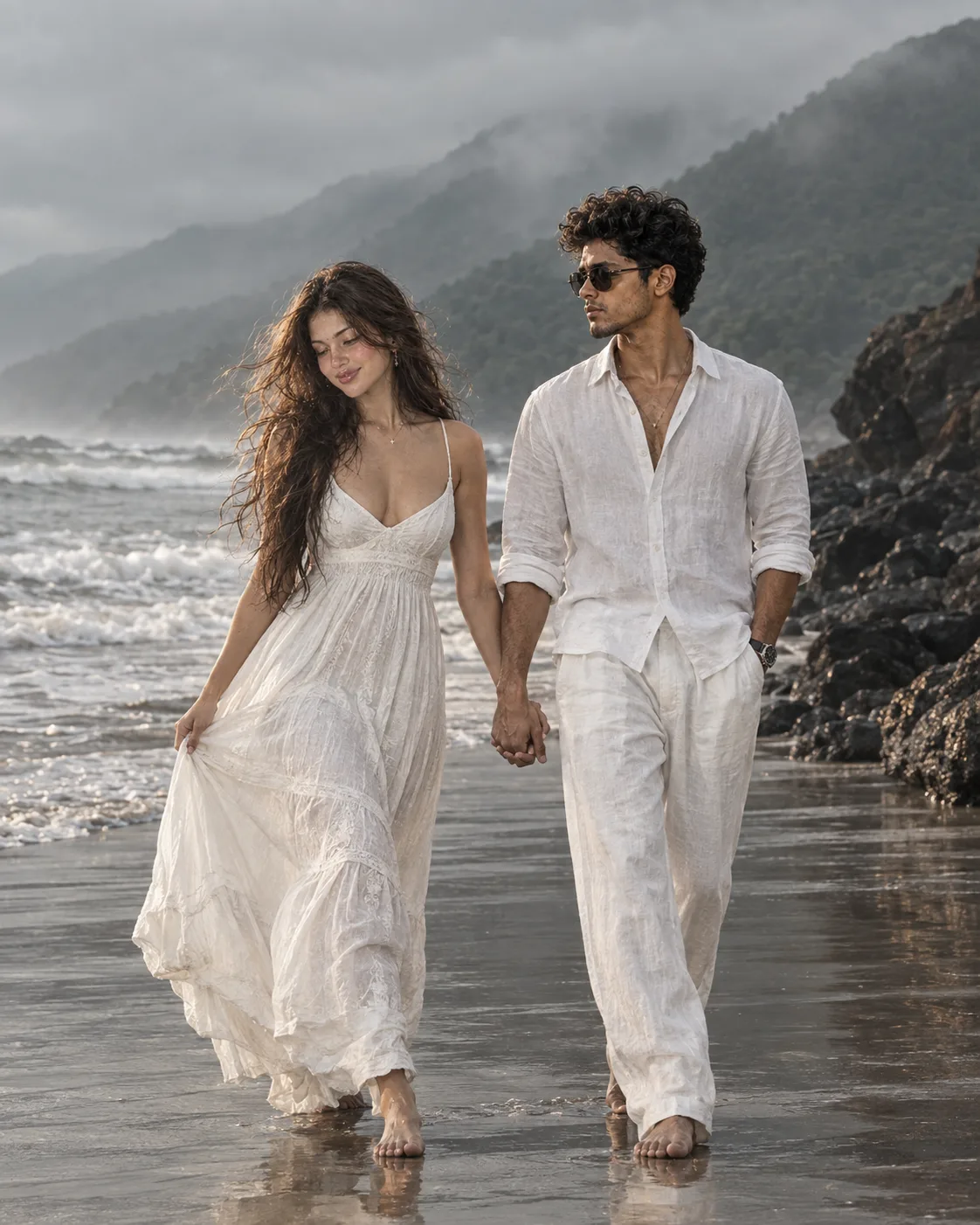 A romantic couple photoshoot on an overcast, moody beach.