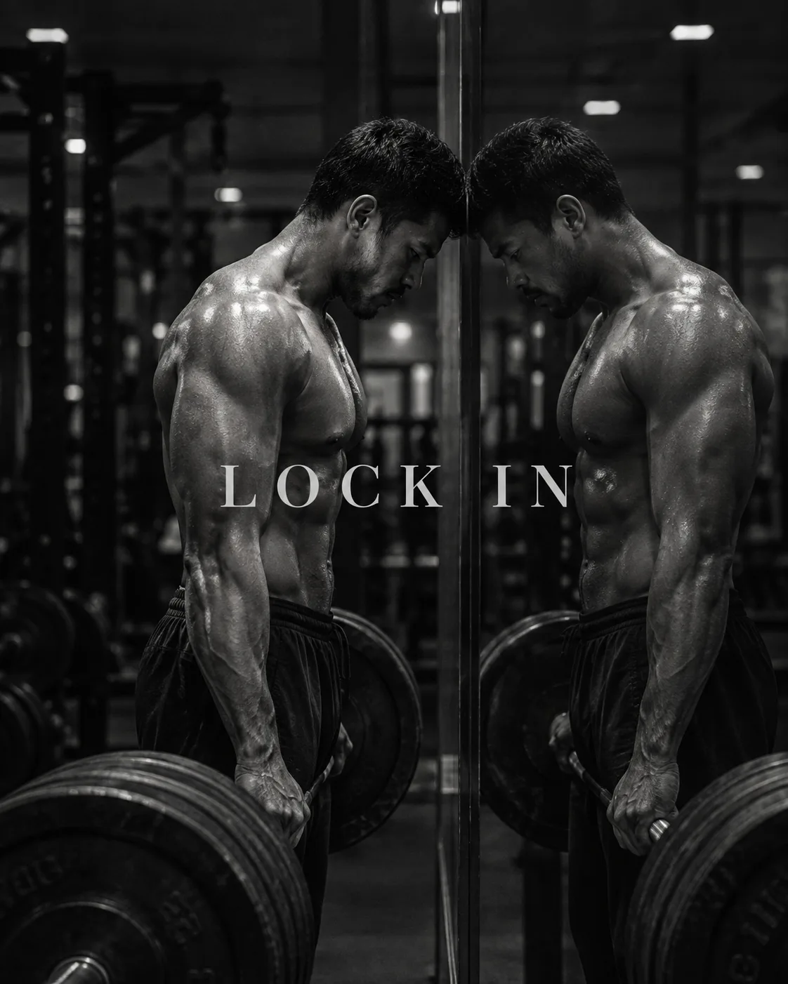 A premium cinematic black-and-white fitness motivation wallpaper inspired by luxury sports editorials, bodybuilding photography, and