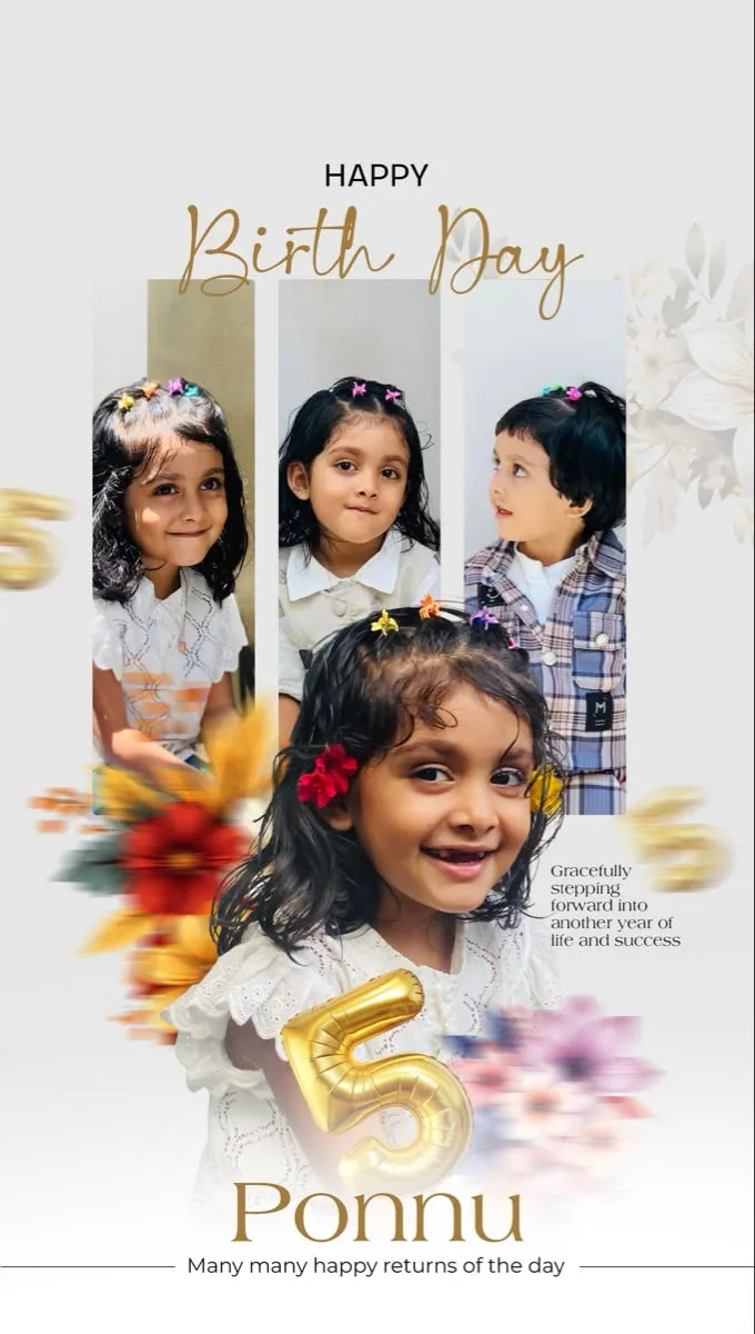 Create a beautiful, elegant 5th birthday photo collage for a little girl named “Ponnu”.