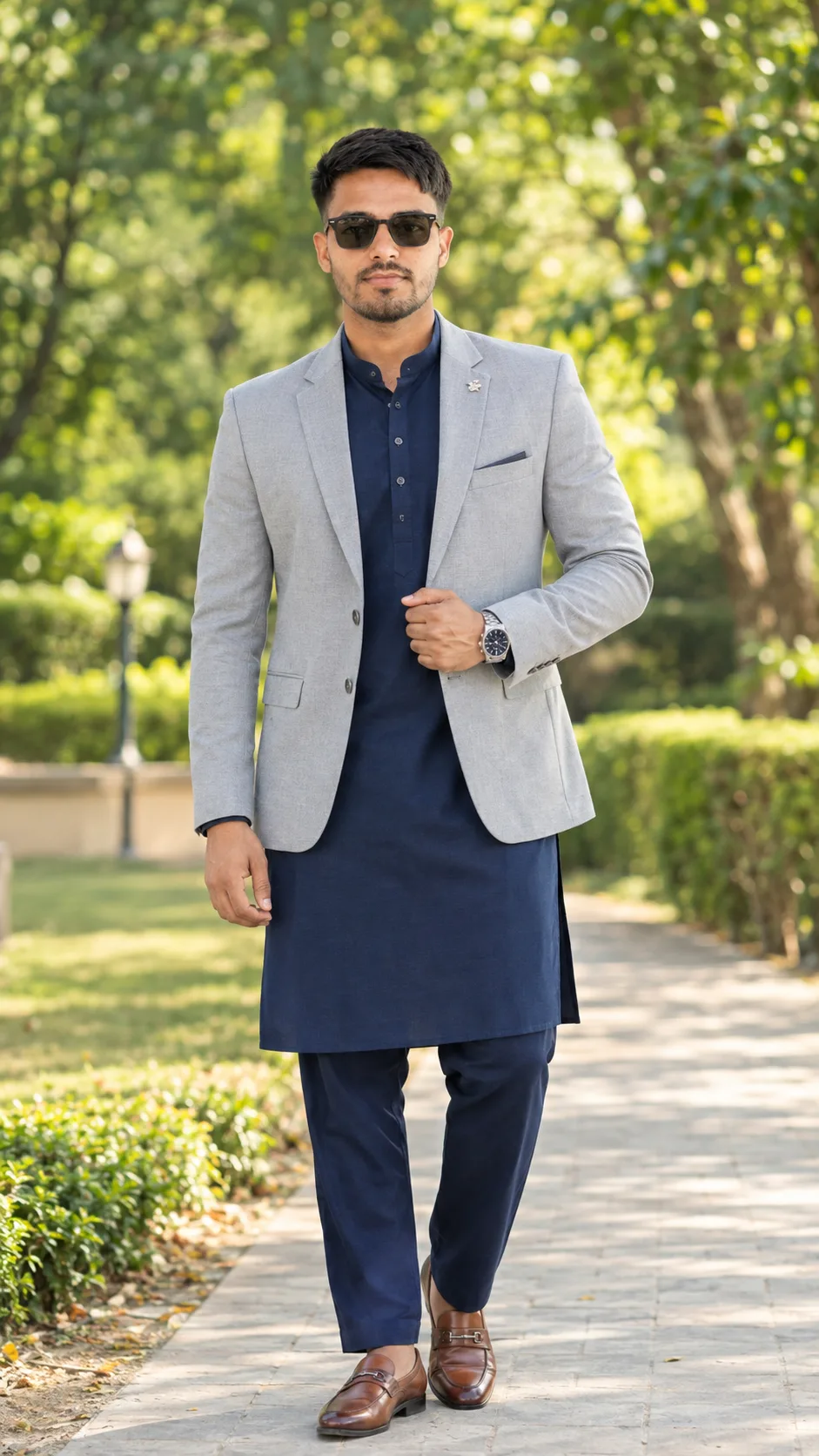 A photorealistic full-body fashion portrait of a handsome adult South Asian man standing confidently on a beautiful garden pathway.