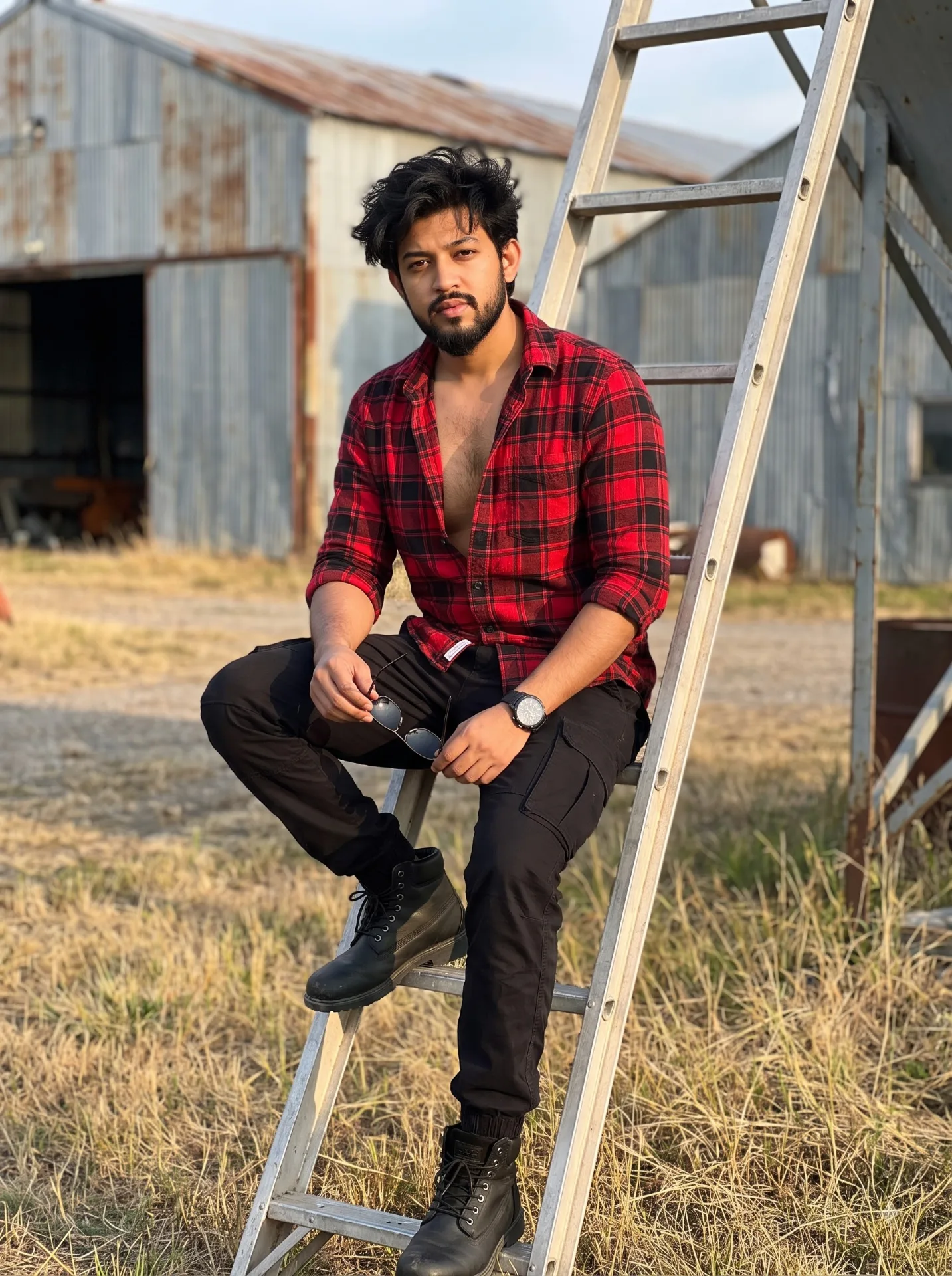 A cinematic outdoor portrait of a handsome young man sitting casually on a metal ladder in an industrial or rural setting.