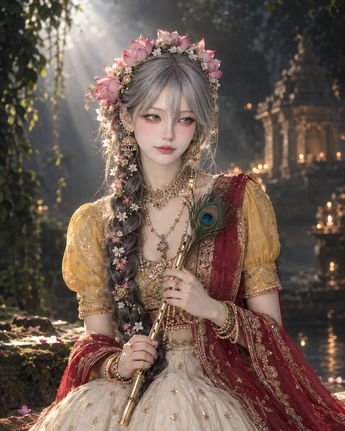 Create ultra photorealistic high quality, hyper-realistic, cinematic medium-shot of an Indian woman(the reference image given) dressed in a