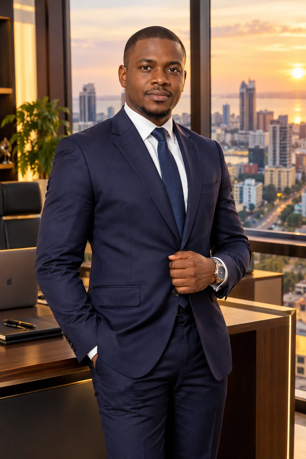 Create a high-end professional portrait of a confident African business executive standing in a modern luxury office.