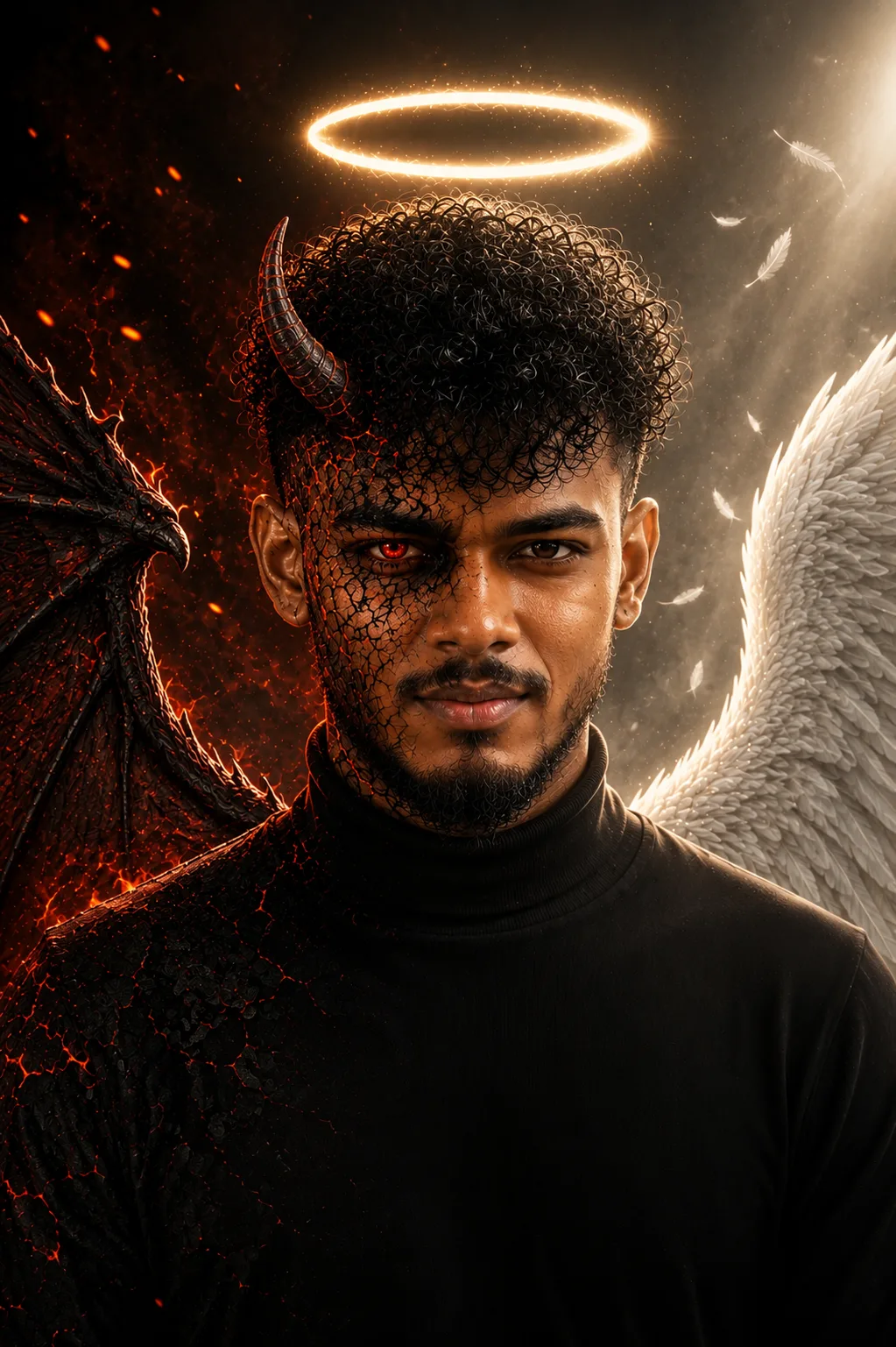 Create an ultra-realistic cinematic fantasy portrait of a young adult man representing the duality between an angel and a demon.