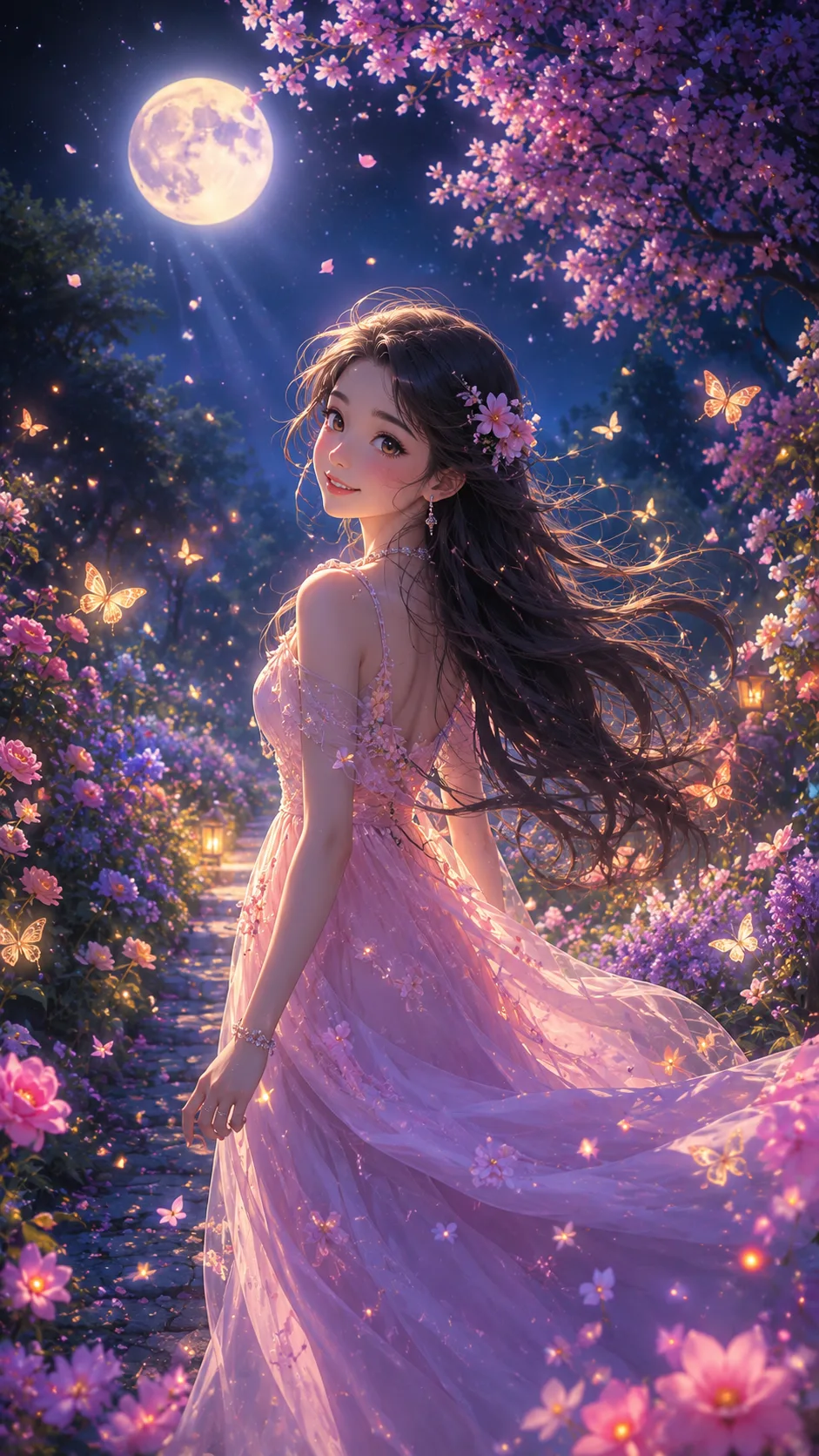 A breathtaking anime-style portrait of a beautiful young woman walking gracefully through a magical moonlit flower garden.