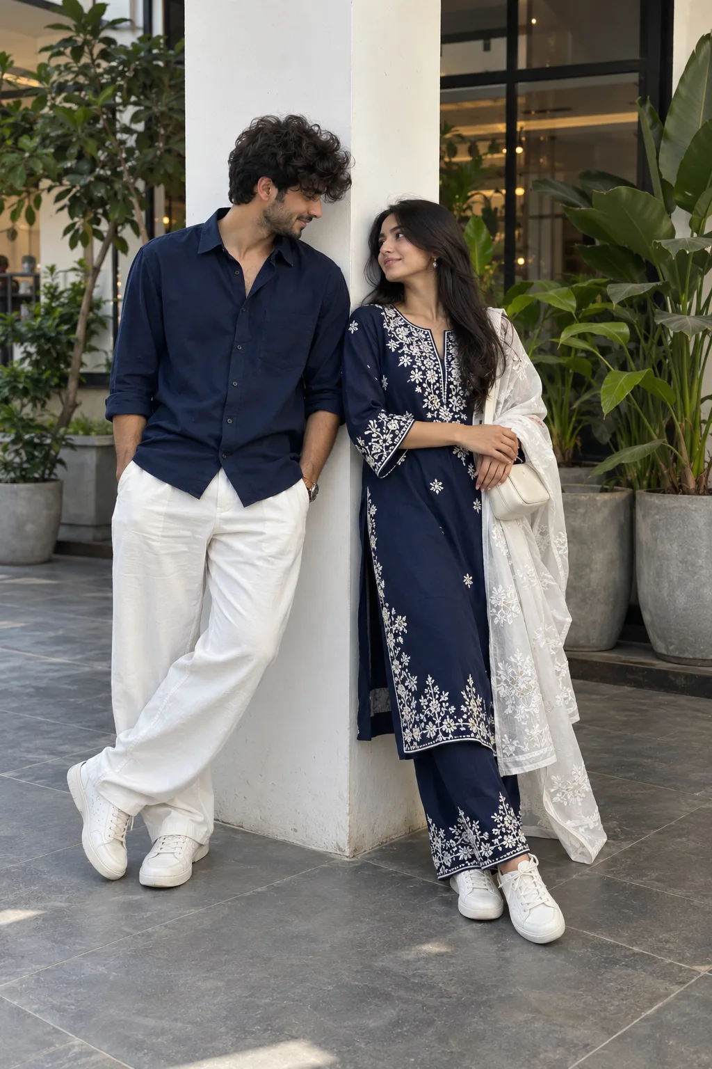 A CANDID FULL-LENGTH PORTRAIT PHOTOGRAPH CAPTURES A YOUNG COUPLE IN COORDINATED DARK BLUE AND WHITE OUTFITS.