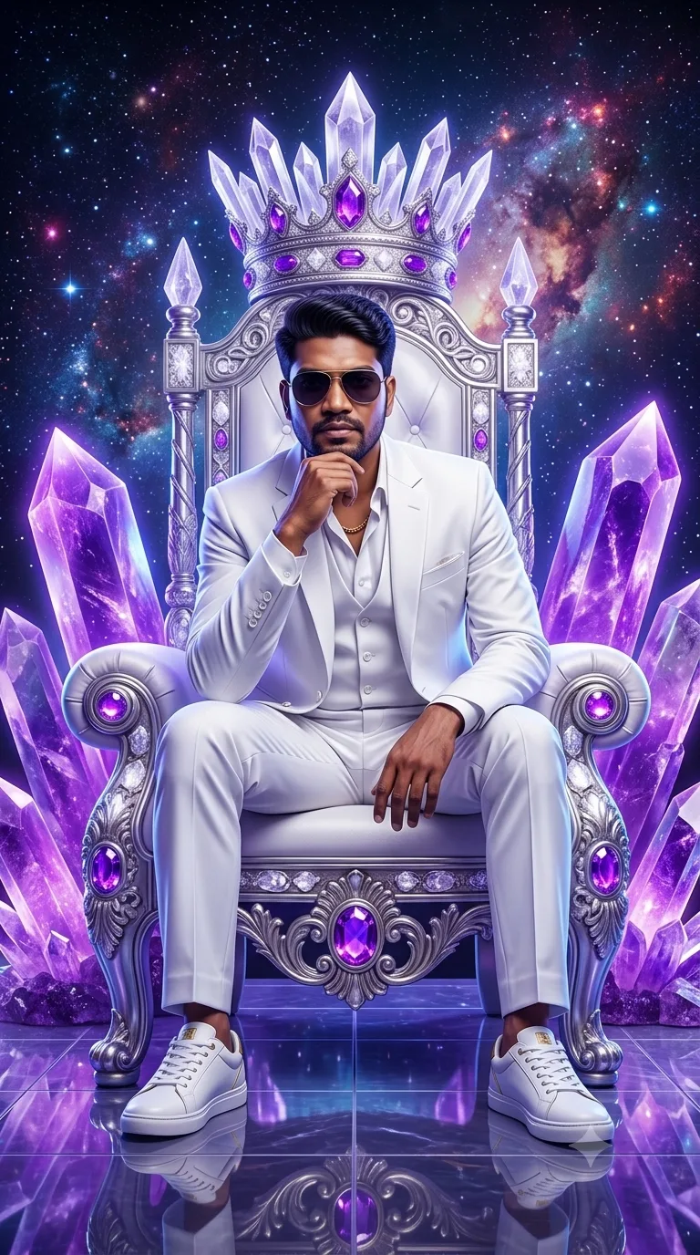 A luxurious cinematic fantasy portrait of a stylish young man sitting confidently on an extravagant royal crystal throne, wearing an