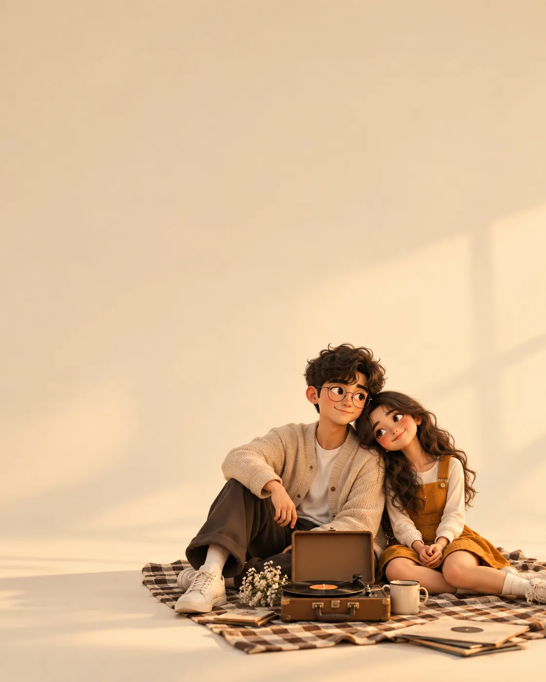 WARM MINIMALIST 3D ANIMATED EDITORIAL FULL-BODY ILLUSTRATION OF A CUTE YOUNG COUPLE SITTING TOGETHER FULL-BODY ON THE LOWER-RIGHT SIDE ON A