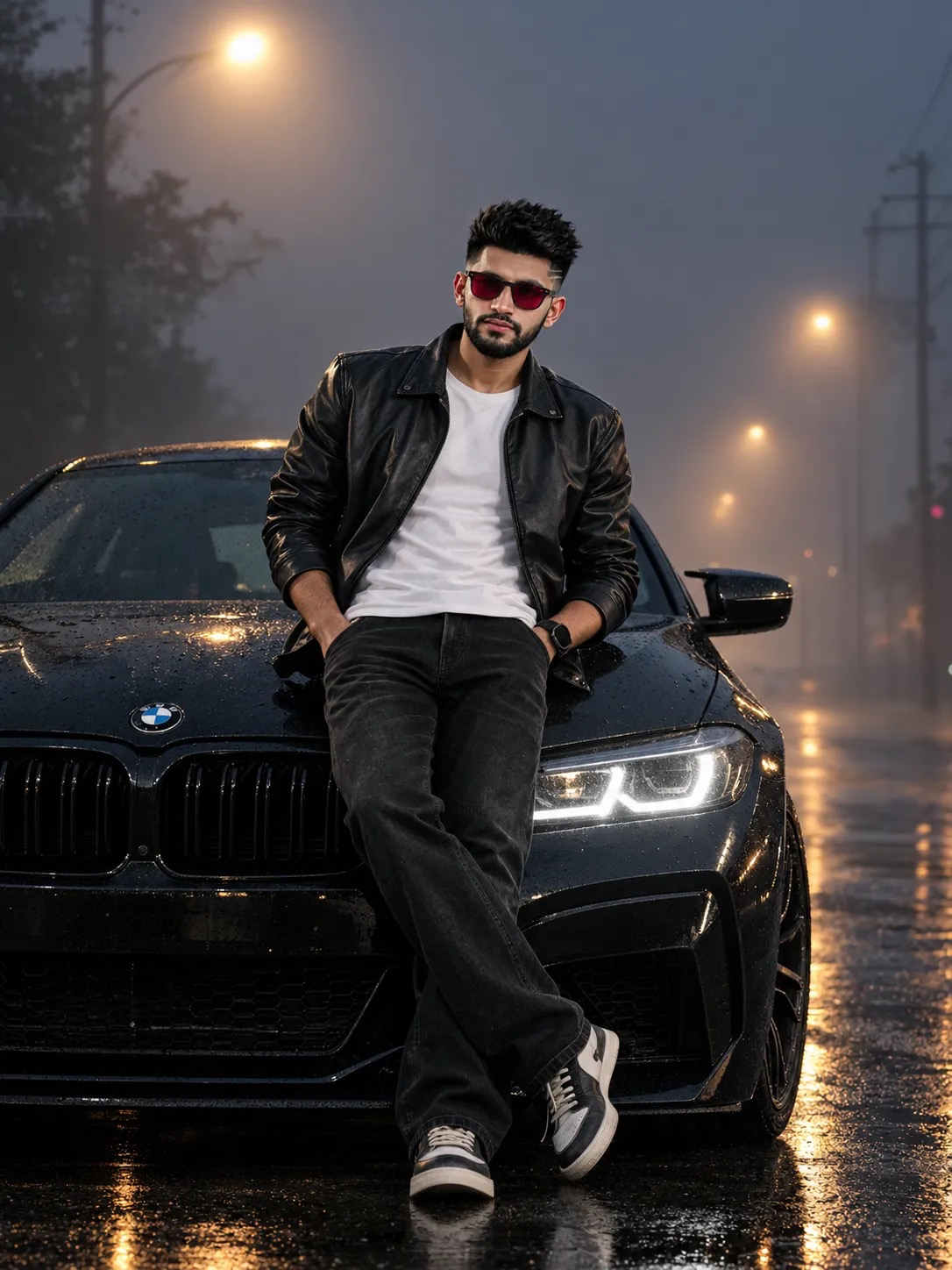 cinematic, hyper-realistic photo of a 22-year-old Indian man with a sharp hairstyle, leaning casually against the front bumper of a sleek