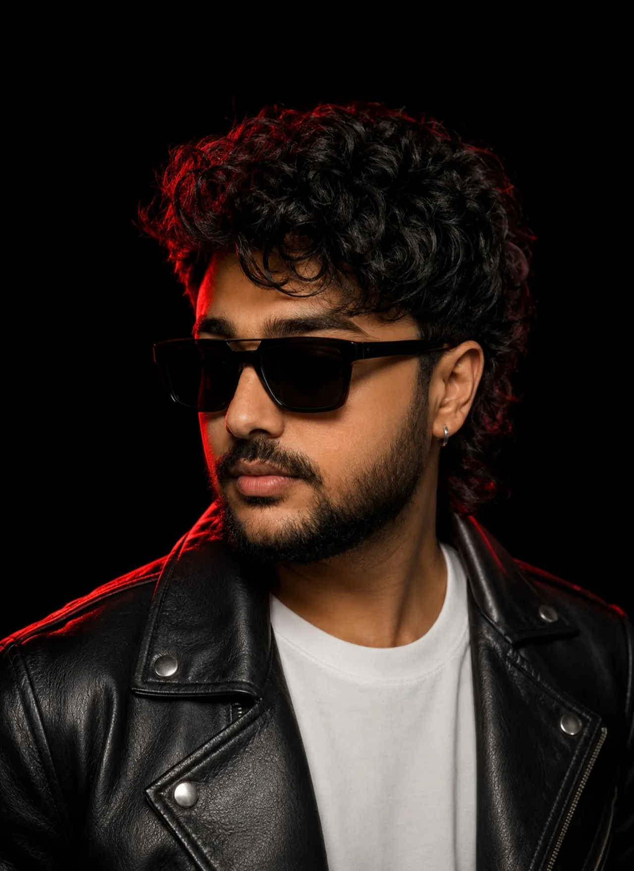 A premium cinematic close-up fashion editorial portrait of a stylish young South Indian man against a completely black seamless studio
