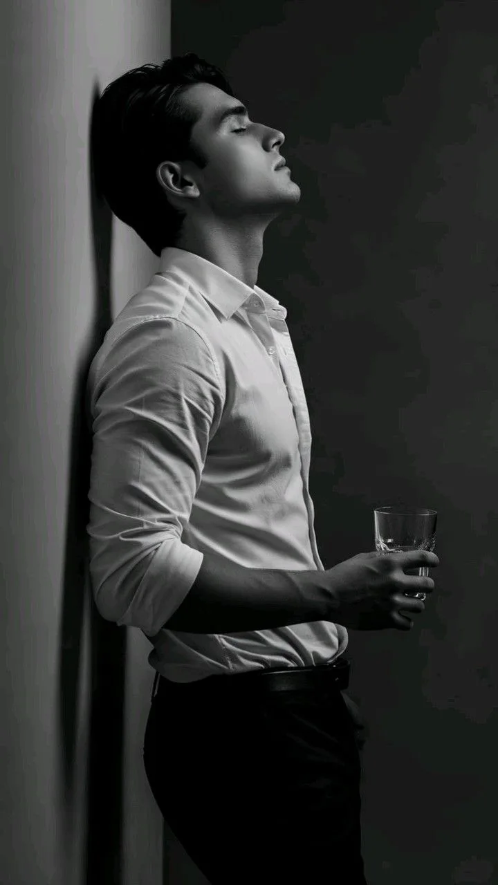 A highly dramatic, high-fashion black and white cinematic portrait.