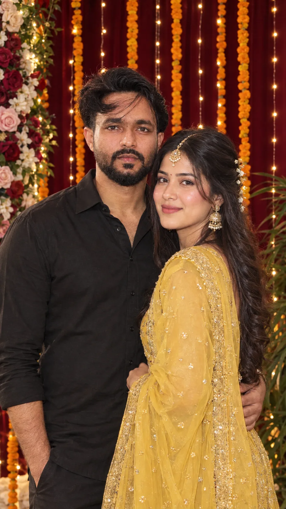 Create a photorealistic, high-end cinematic vertical 9:16 Indian festive couple portrait, closely inspired by the uploaded reference image.