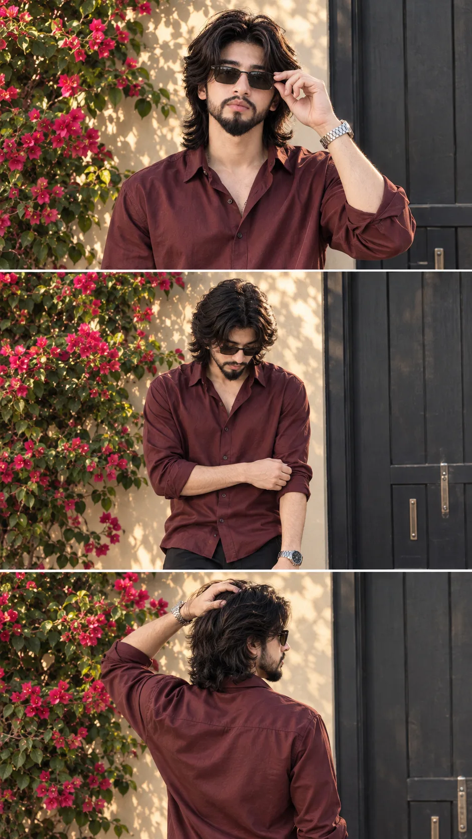 A vertical photo collage featuring three images of a stylish man.