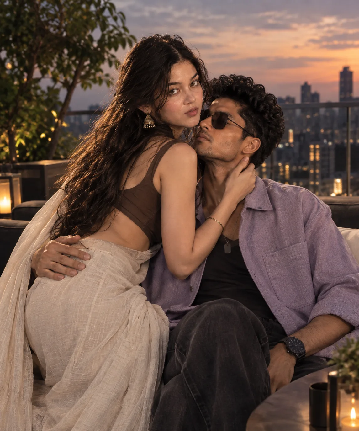 Prompt > Ultra-realistic cinematic romantic couple photoshoot on a luxury rooftop terrace at sunset, vertical 4:5 composition.