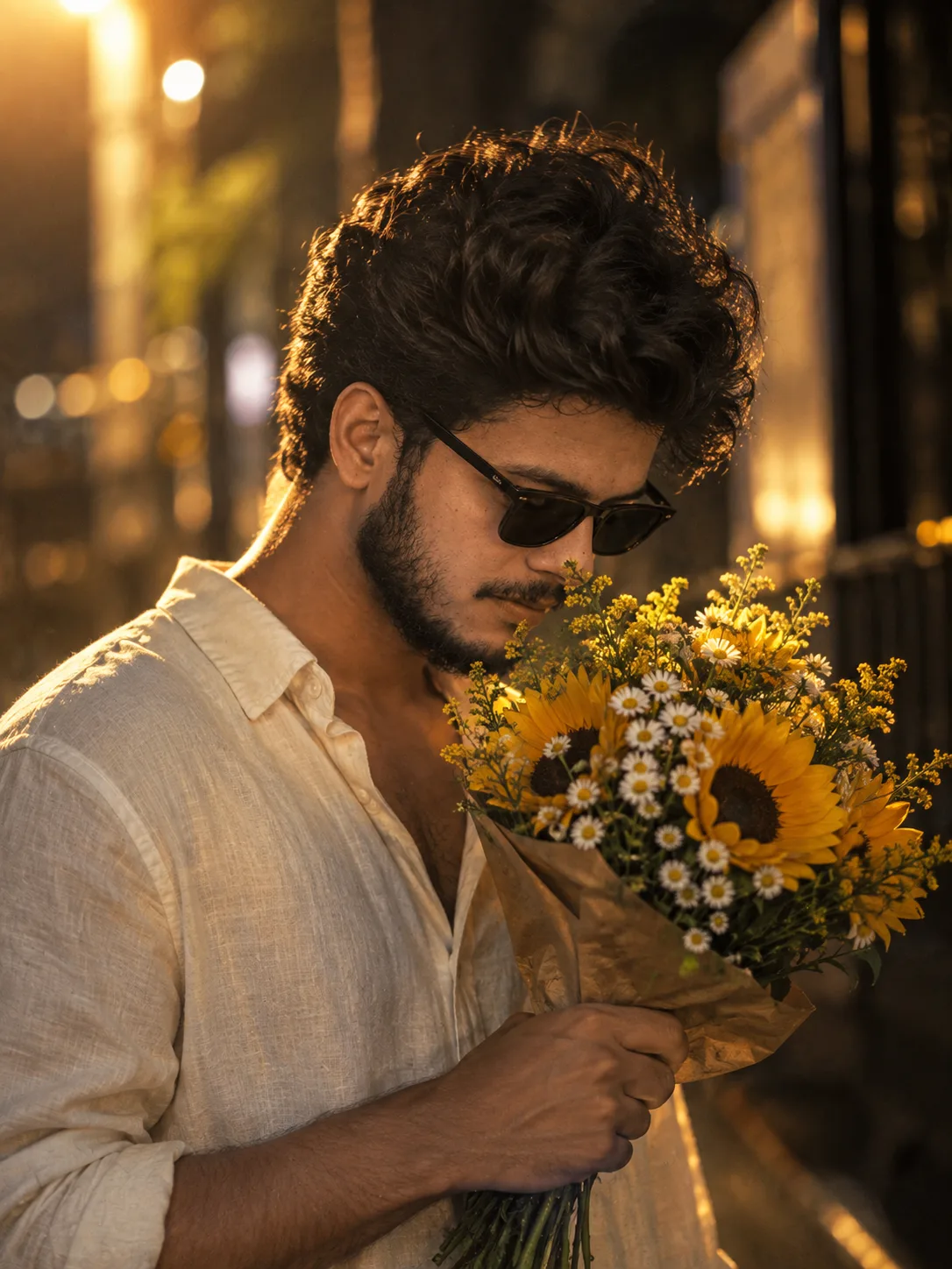 A moody, cinematic, golden-hour night portrait of a young man with curly dark hair, wearing black sunglasses and a light cream linen shirt,