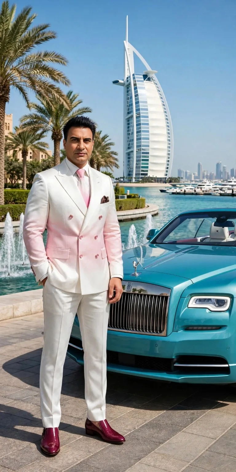 A confident stylish Indian man standing next to a luxury car, short spiky black hair, sharp face, wearing a luxury double-breasted suit -