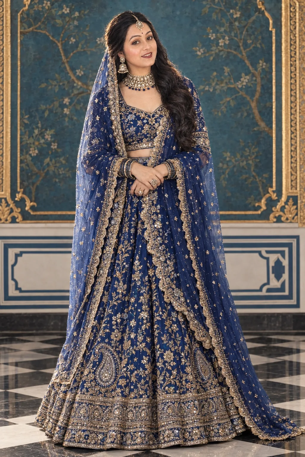 Full-length editorial portrait of a regal woman wearing an opulent royal blue bridal lehenga richly embroidered with gold and silver