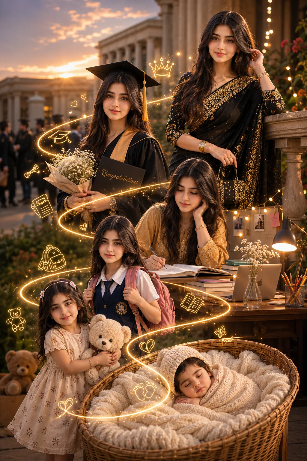 Create an ultra-realistic, cinematic South Asian multigenerational portrait, matching the provided reference composition as closely as