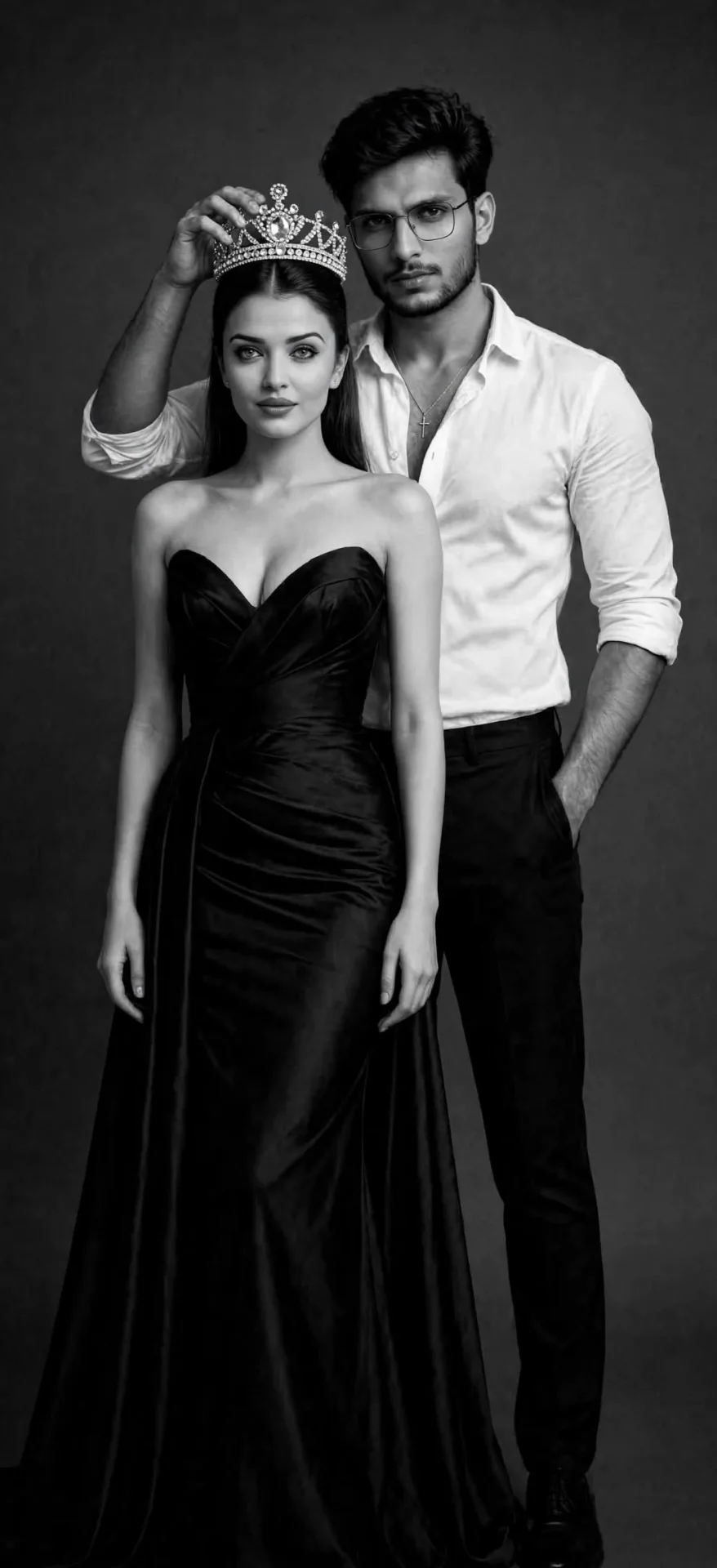 Black and white luxury studio portrait of an elegant couple on dark grey seamless background, woman sitting on vintage wooden chair wearing