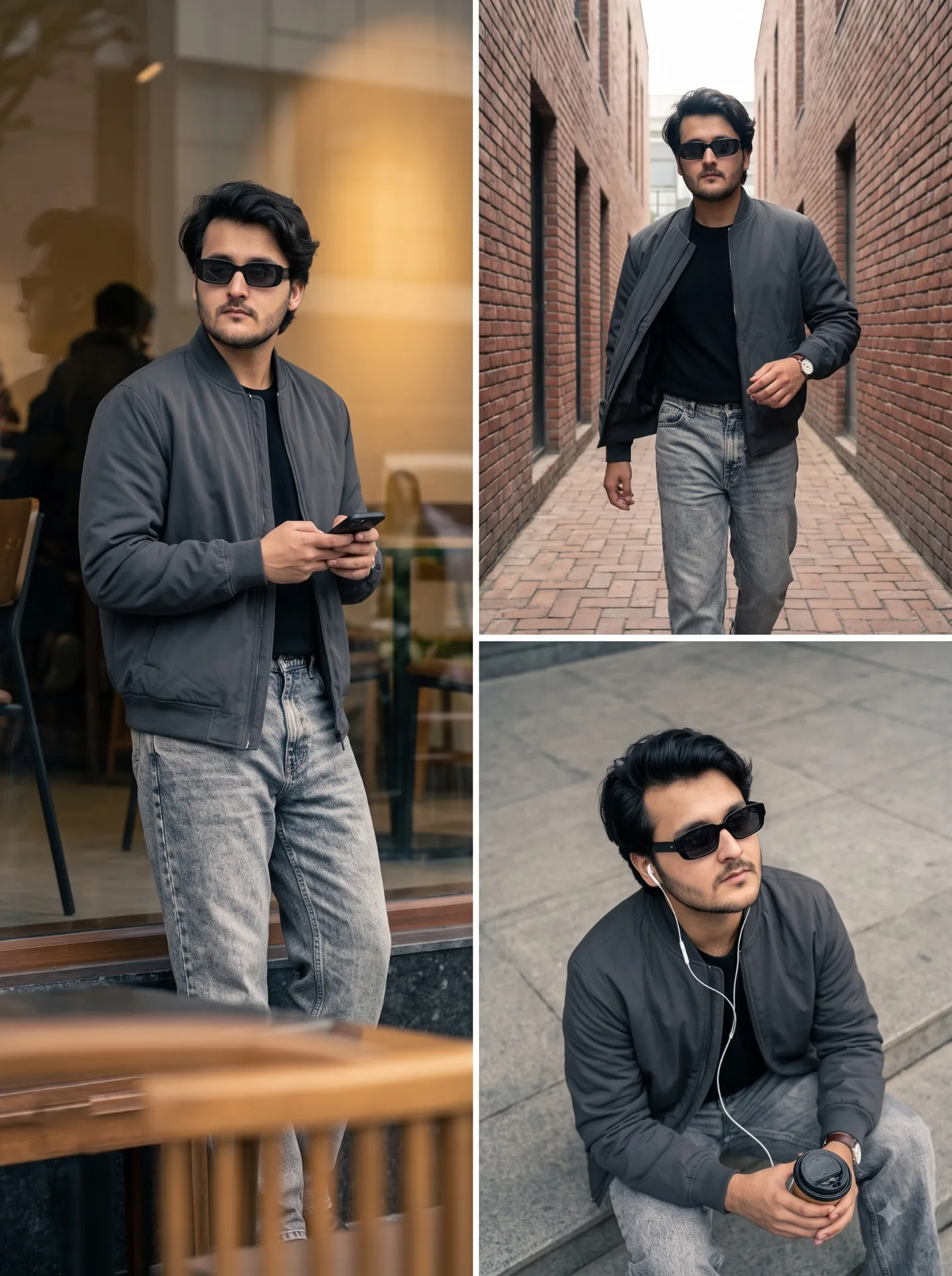Generate a three-panel asymmetric editorial collage with strict photorealism and muted Dec-2025 street aesthetic.