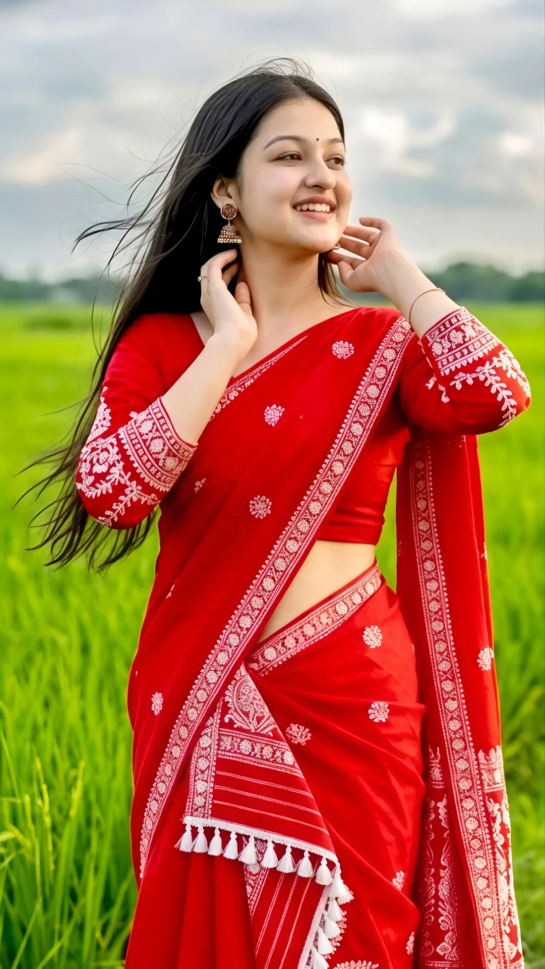 A photorealistic vertical portrait of the young South Asian woman from the reference image, faithfully preserving her exact facial