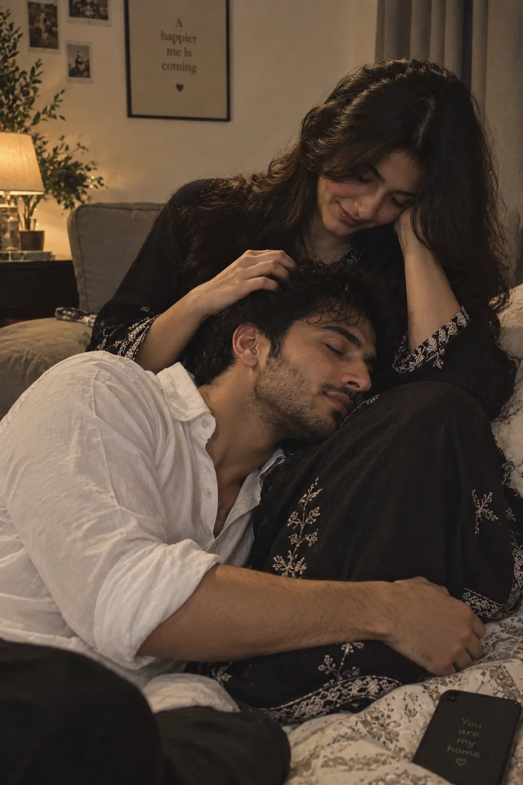 Create an ultra-realistic, cinematic portrait of an attractive Pakistani couple in an intimate, deeply emotional embrace.