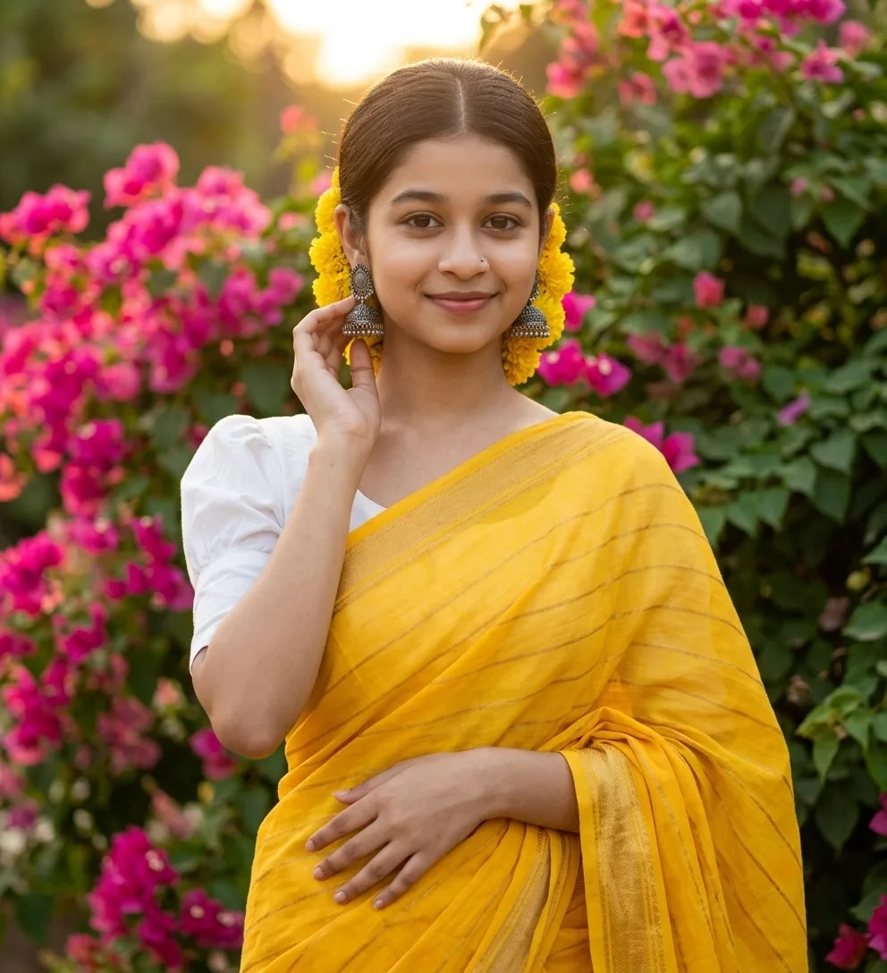 Prompt: Ultra-realistic medium portrait shot of a young Indian woman standing outdoors, smiling softly directly at the camera with natural