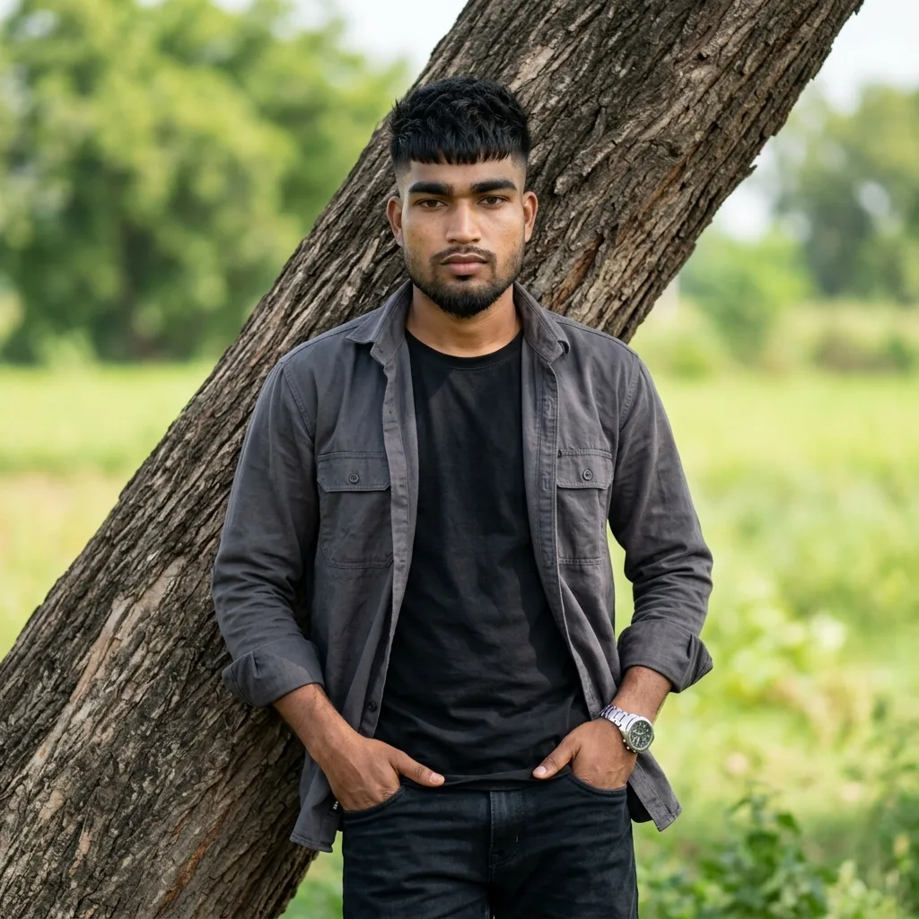 Detailed AI Image Prompt Vertical 1:1 square aspect ratio outdoor portrait of a young man posing casually against a thick, leaning