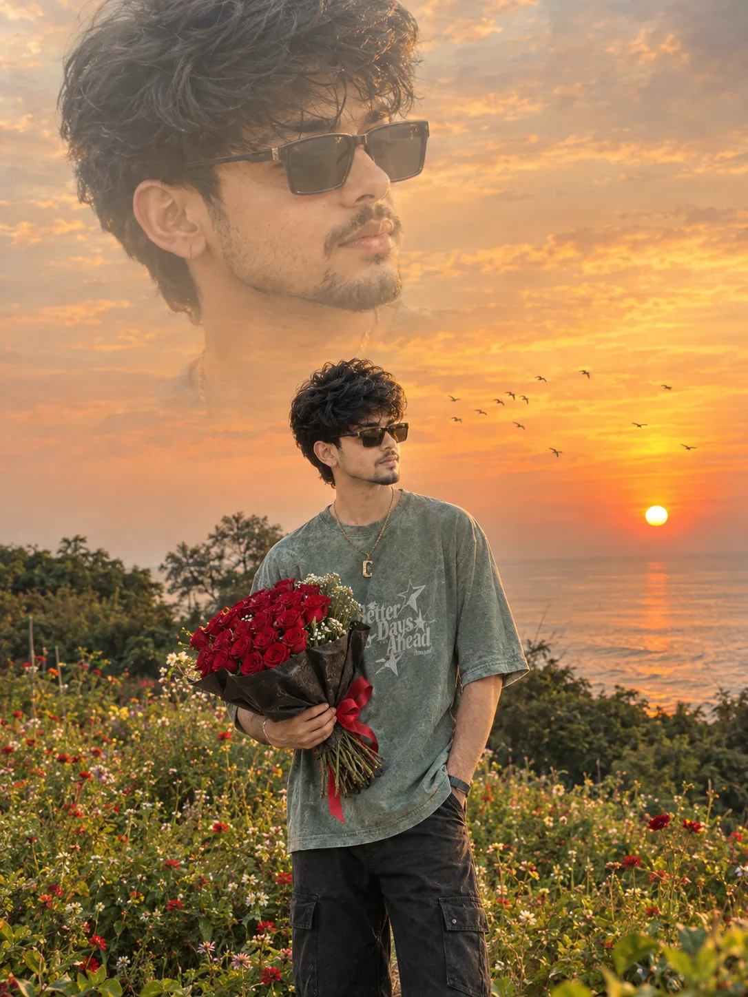 Ultra realistic photograph of a stylish young Indian man standing in a wildflower meadow during a breathtaking sunset, holding a large