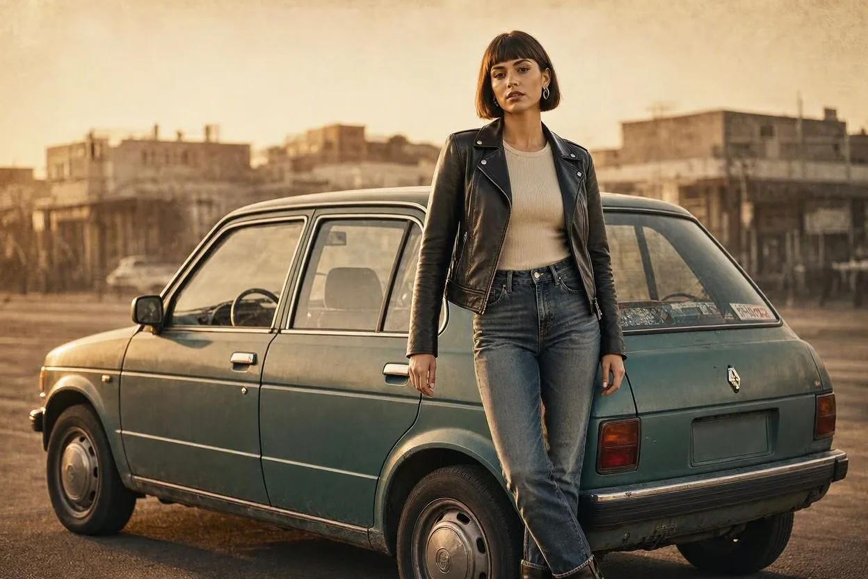 A high-fashion cinematic portrait of a modern woman with a sharp French bob haircut leaning confidently against a vintage 1990s teal-green