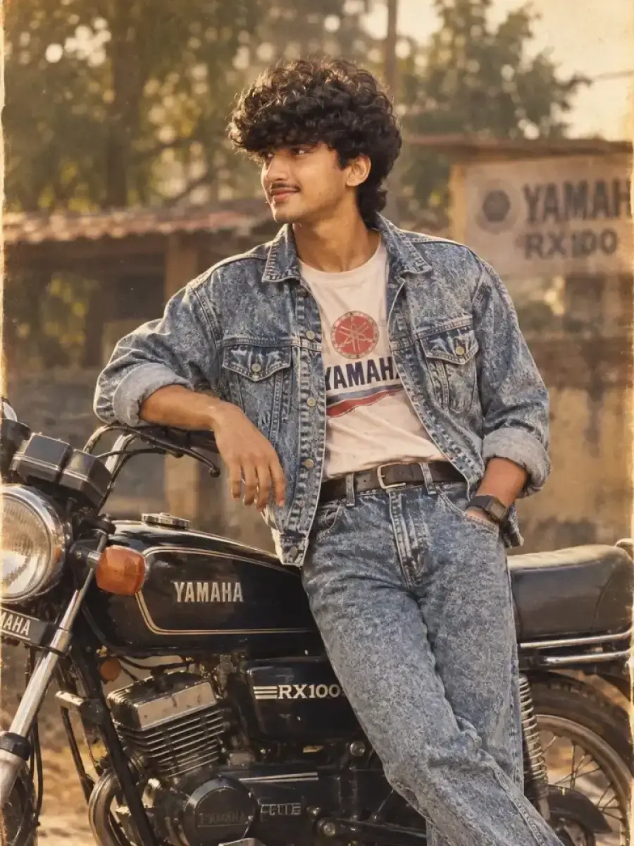 Create a vintage 1980s or 1990s style portrait of a stylish boy standing outdoors near a classic Yamaha RX100 motorcycle.
