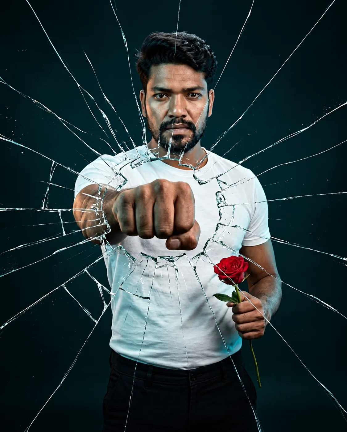 Ultra-realistic cinematic portrait of a young South Asian man standing behind a shattered glass effect, captured in a dramatic studio