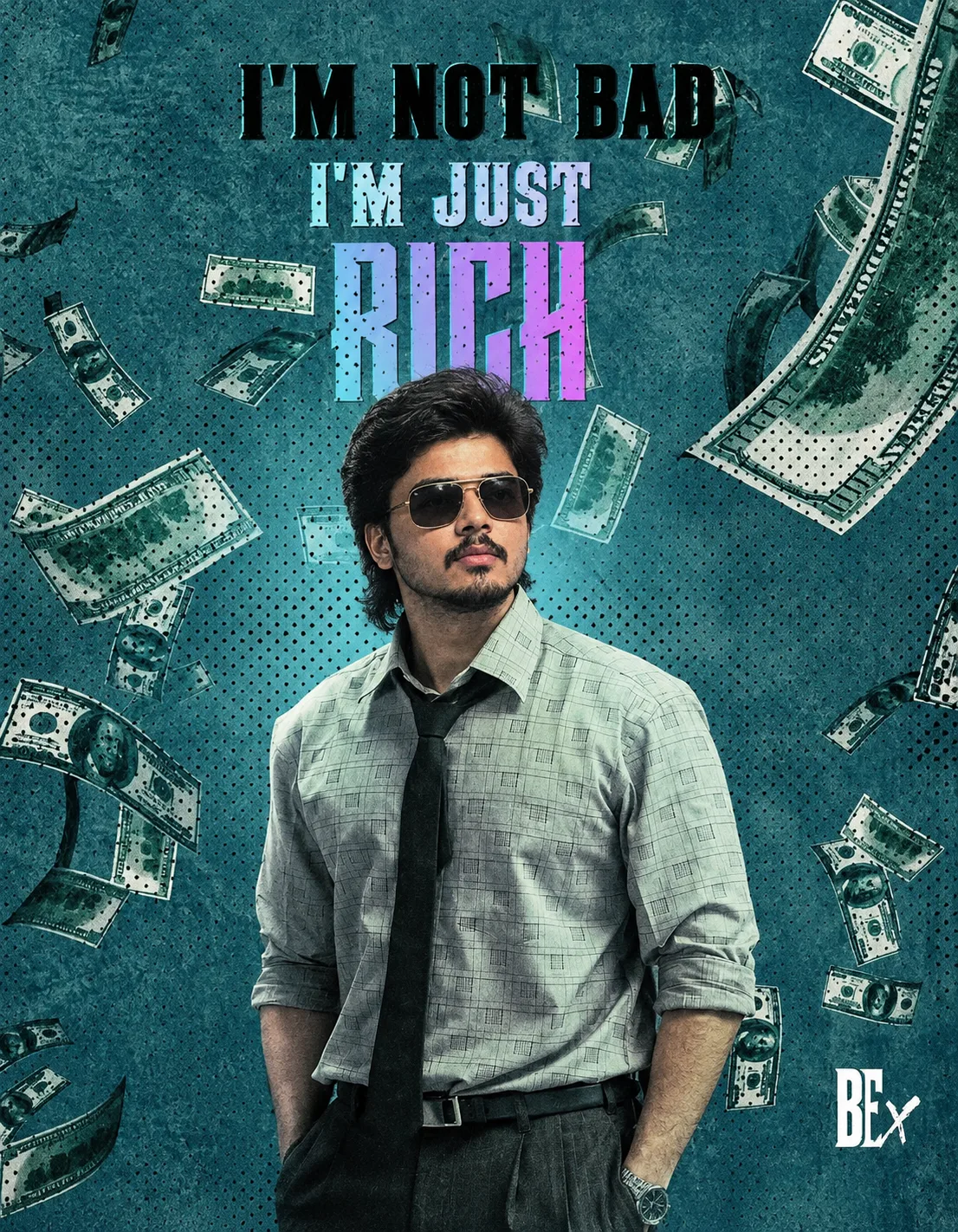 Create a stylized cinematic money-themed poster using the uploaded image as the visual reference.