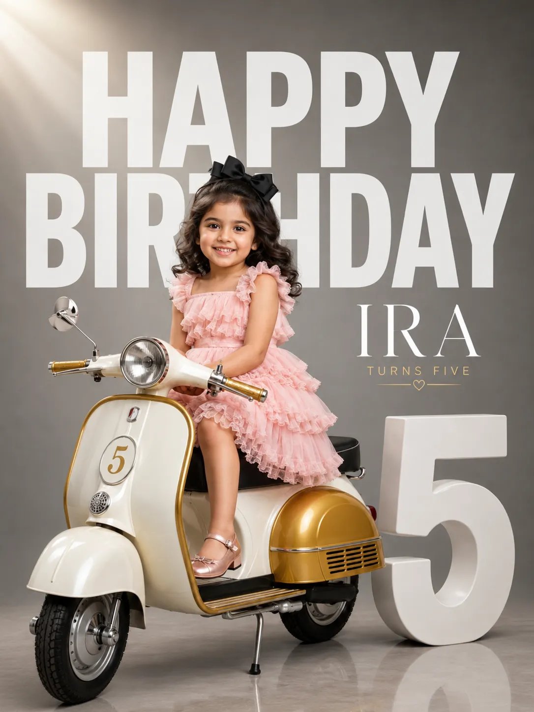 Birthday Poster Prompt (Recreate Similar Design) Ultra-realistic luxury birthday photoshoot poster for a cute 5-year-old Indian girl,