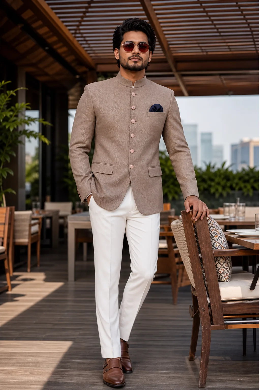 > **Prompt:** > A full-length fashion portrait of a handsome, stylish South Asian man in his late 30s standing at an outdoor luxury terrace