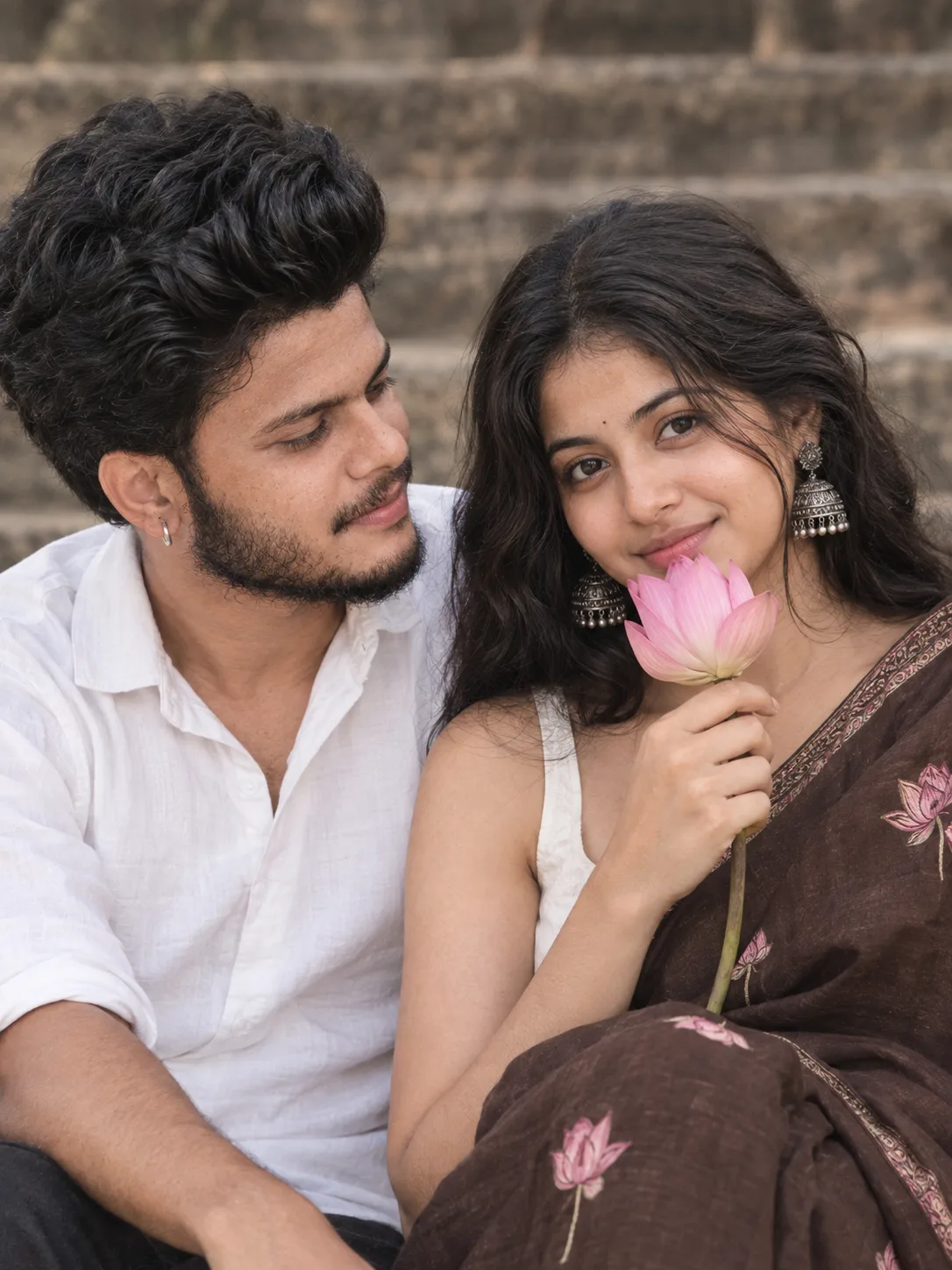 A young Indian couple sitting closely together outdoors against weathered stone steps.