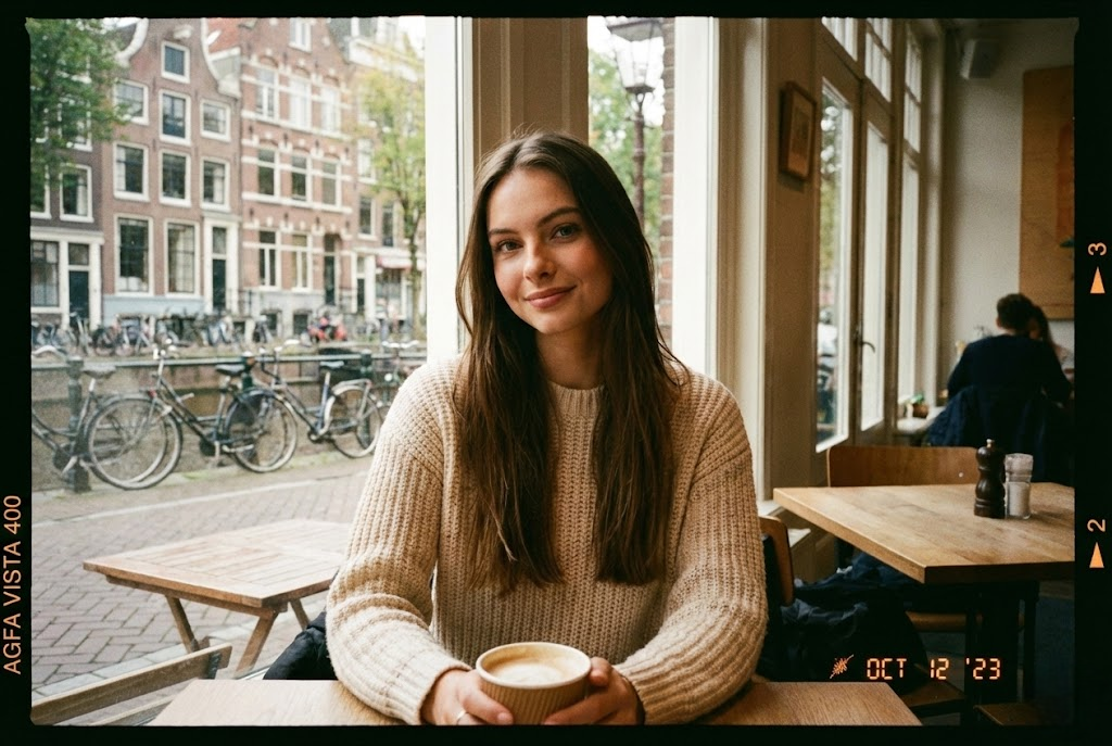 Portrait in Amsterdam cafe, photo taken on Agfa Vista 400 35mm colour film --ar 3:2 --seed 3326199454 --exp 20 --raw --s 90 --v 7