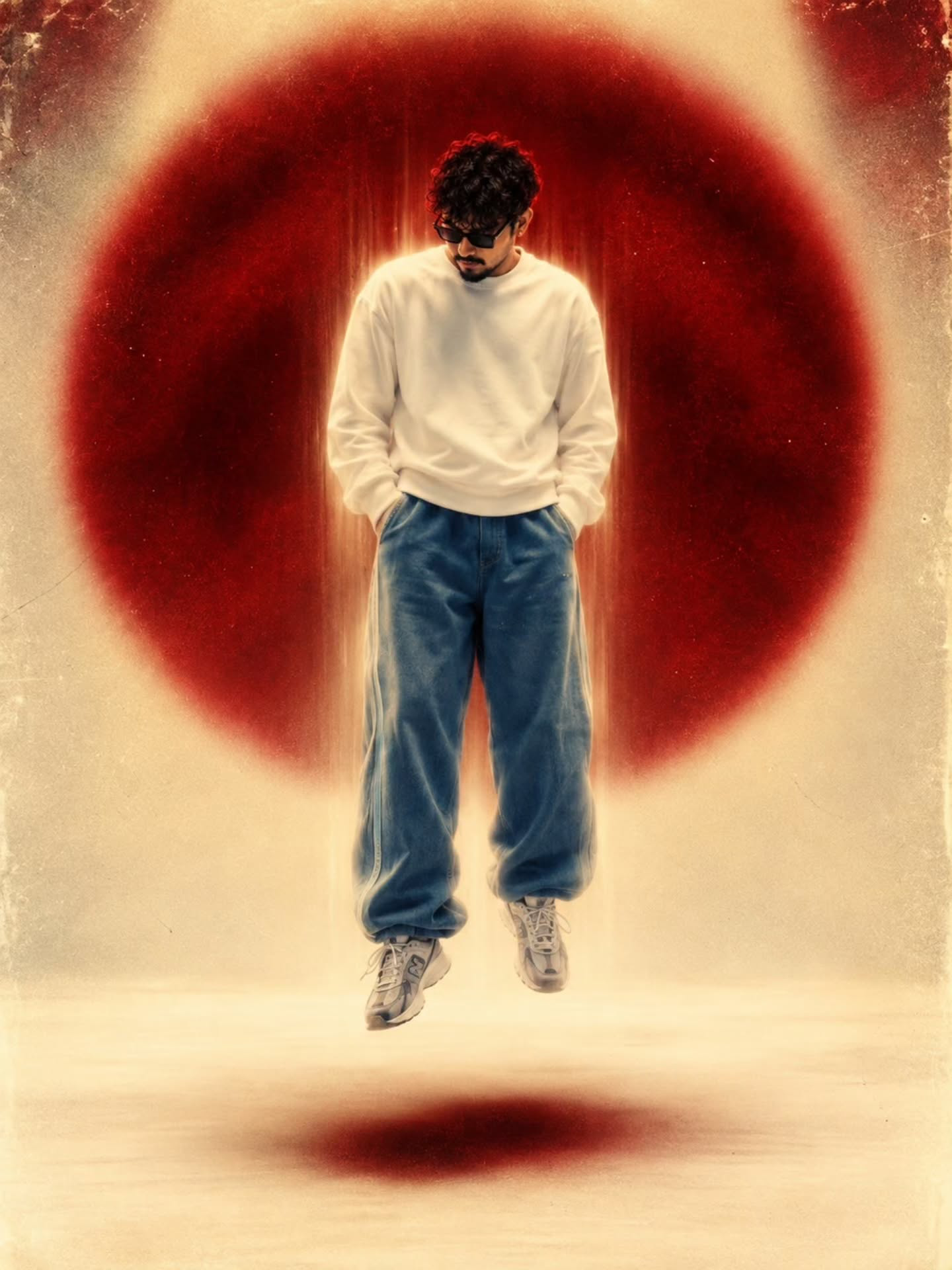 Cinematic, moody, and artistic portrait of a young man with the same identity as the reterence, keeping the exact pose and composition as