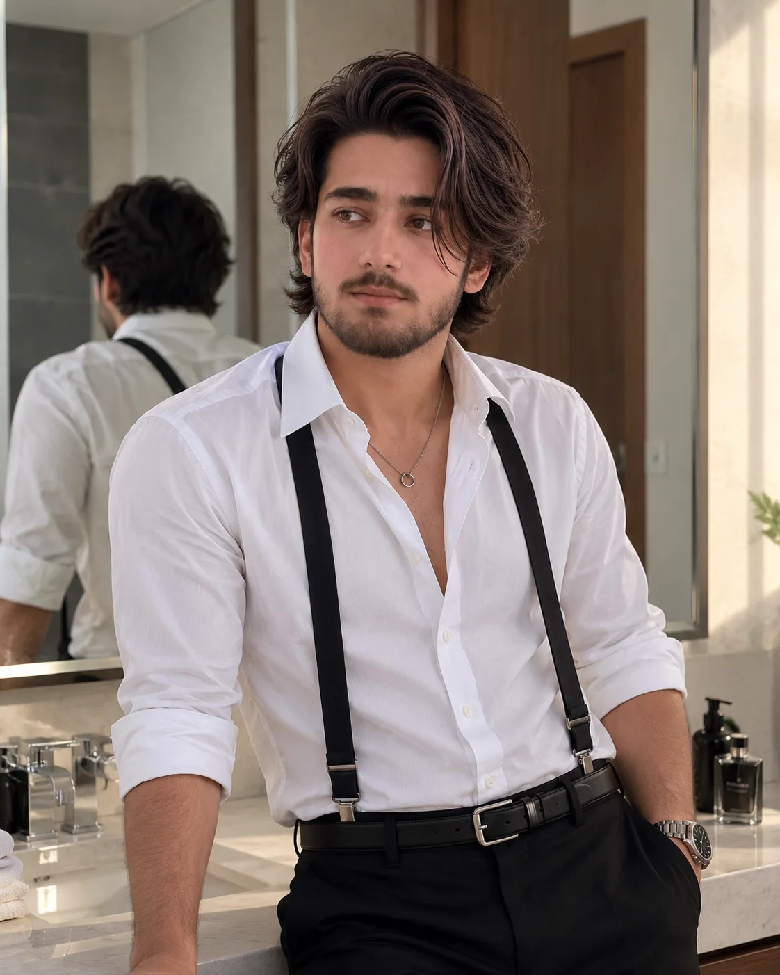 **Ultra-realistic cinematic lifestyle fashion portrait of a handsome young adult man standing casually in a modern, softly lit bathroom,