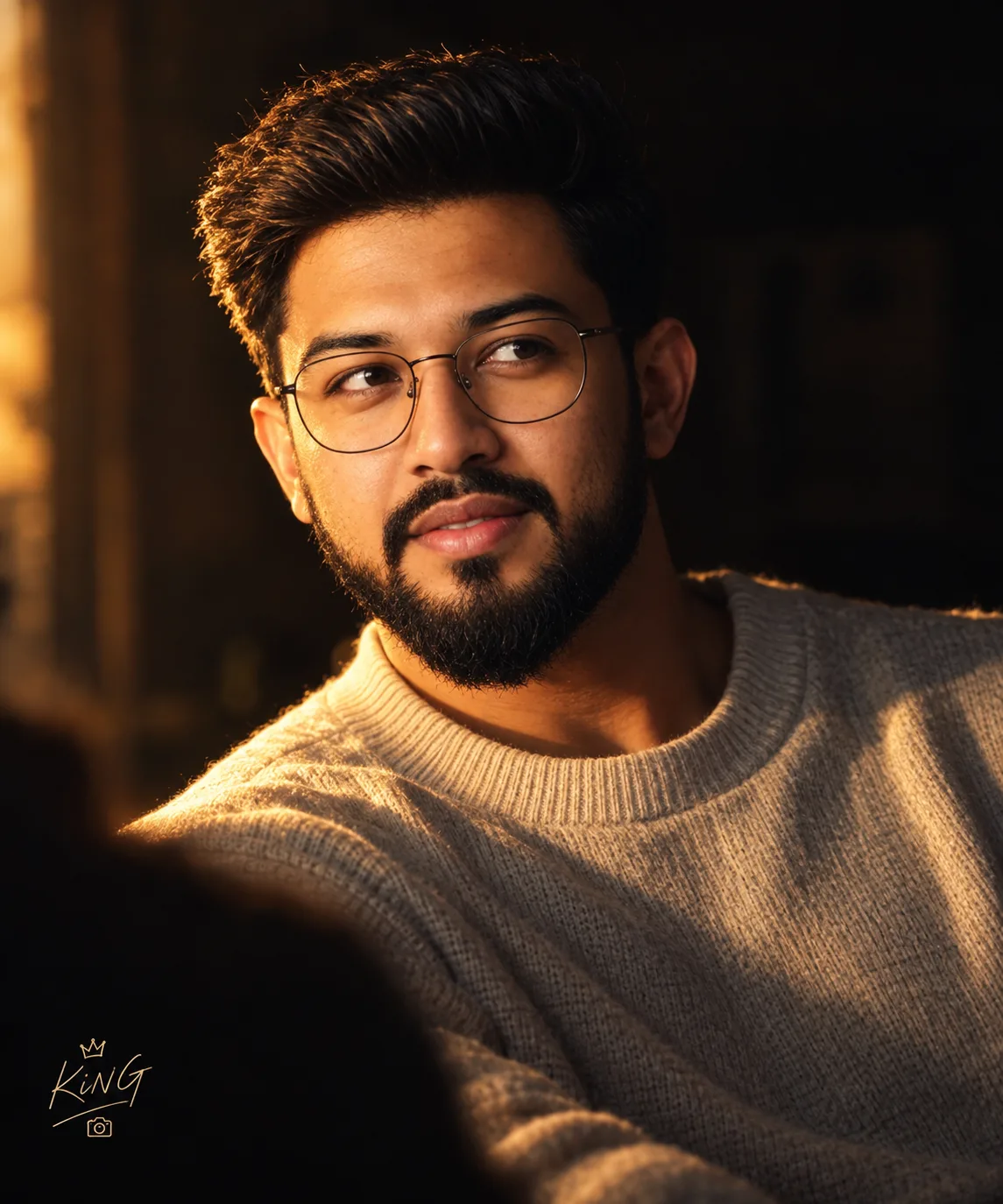 Create this image a handsome young man, use my face on this image, with dark brown hair, is captured In a moody, low-light setting.
