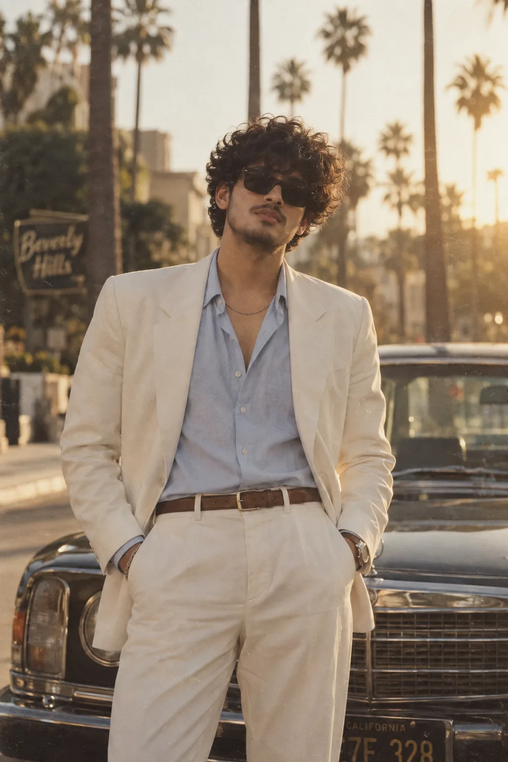 A stylish young man with the same identity as the reference image, featuring thick curly hair, black rectangular sunglasses, light beard
