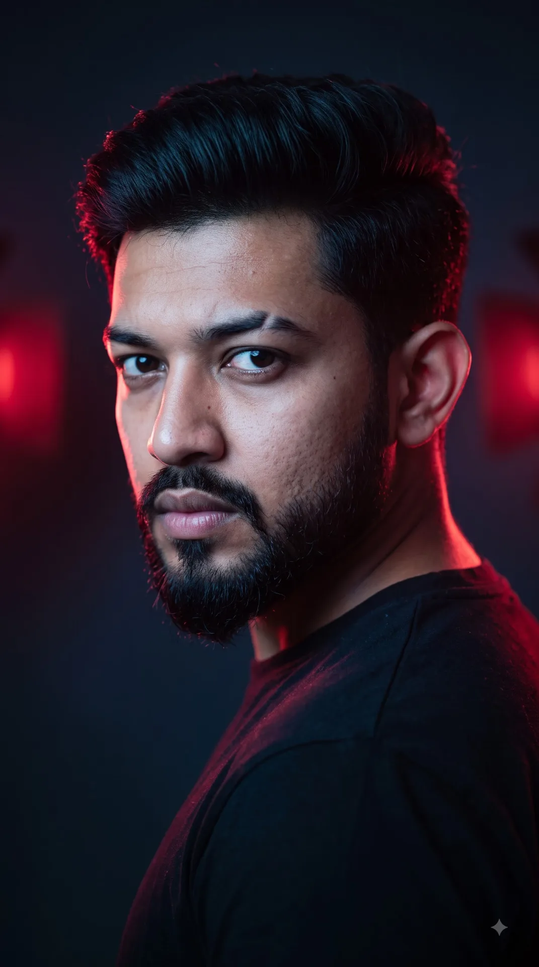 Cinematic close-up portrait of a young man turning back over his shoulder, looking intensely into the camera, thick wavy dark hair, sharp
