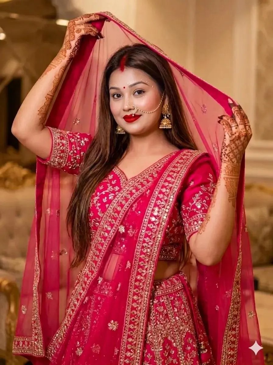 @ruchi.prajapati24 Prompt: A high-quality cinematic portrait of a stunning Indian bride wearing a vibrant pink embroidered lehenga with a