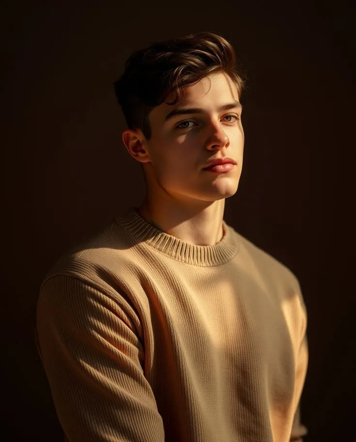 A hyper-realistic professional studio portrait of a handsome young man with styled wavy dark brown hair.
