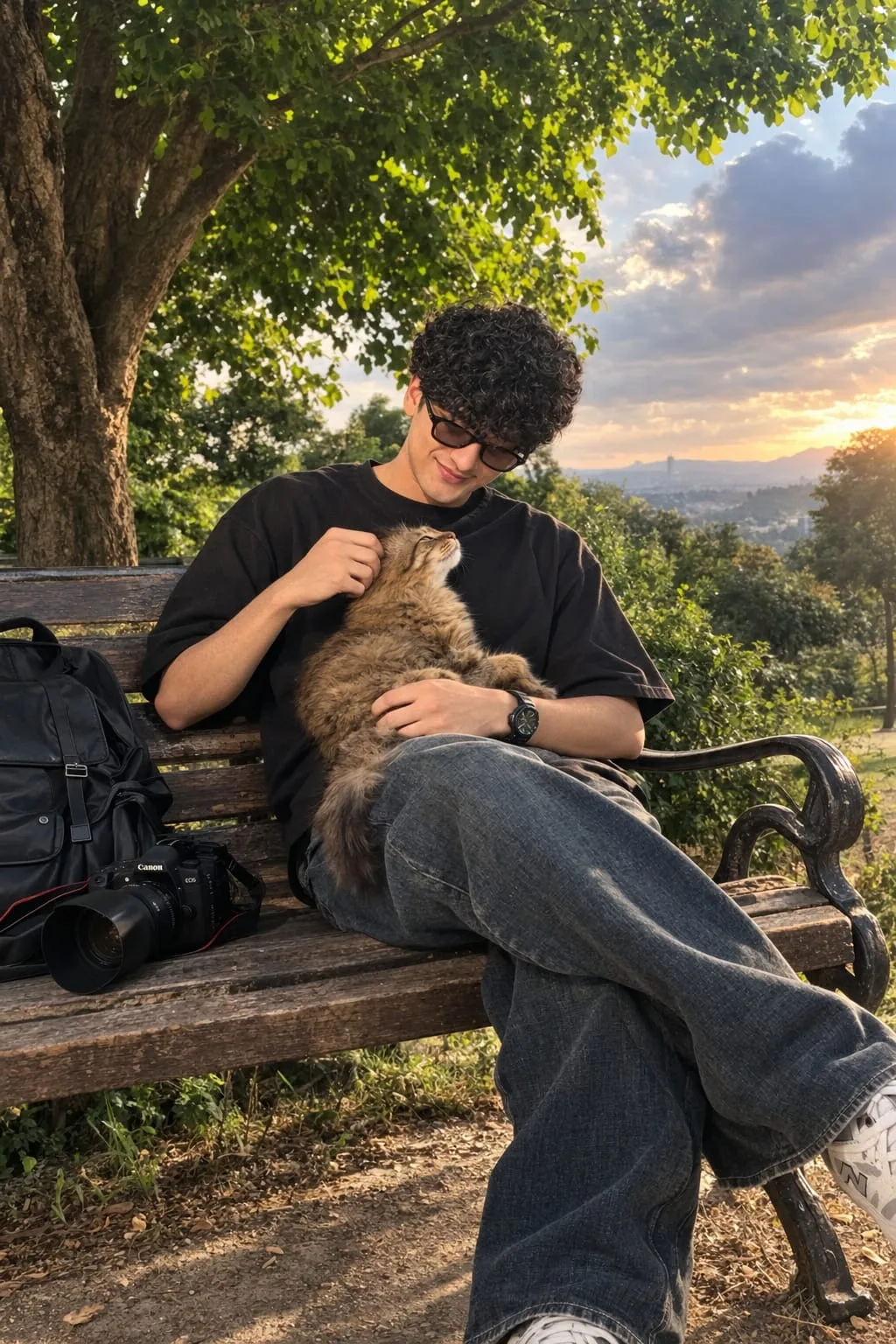 Cinematic hyper-realistic 8K full-body portrait of the same person from the reference (100% facial match), seated on a vintage wooden park